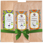 Bio Kräutertee und Grüntee Probierpaket Sunrise to Sunset: Drei Premium-Tees von Qidosha, in braunen Tüten mit grünem Band, ohne Füll- oder Zusatzstoffe.