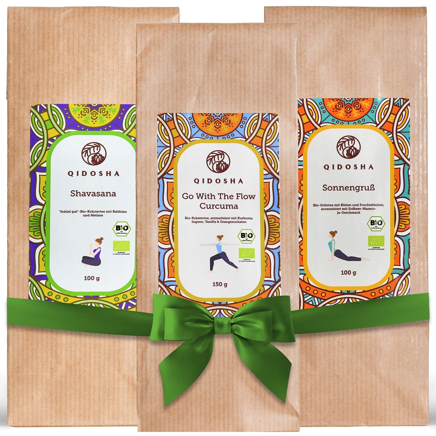 Bio Kräutertee und Grüntee Probierpaket Sunrise to Sunset: Drei Premium-Tees von Qidosha, in braunen Tüten mit grünem Band, ohne Füll- oder Zusatzstoffe.