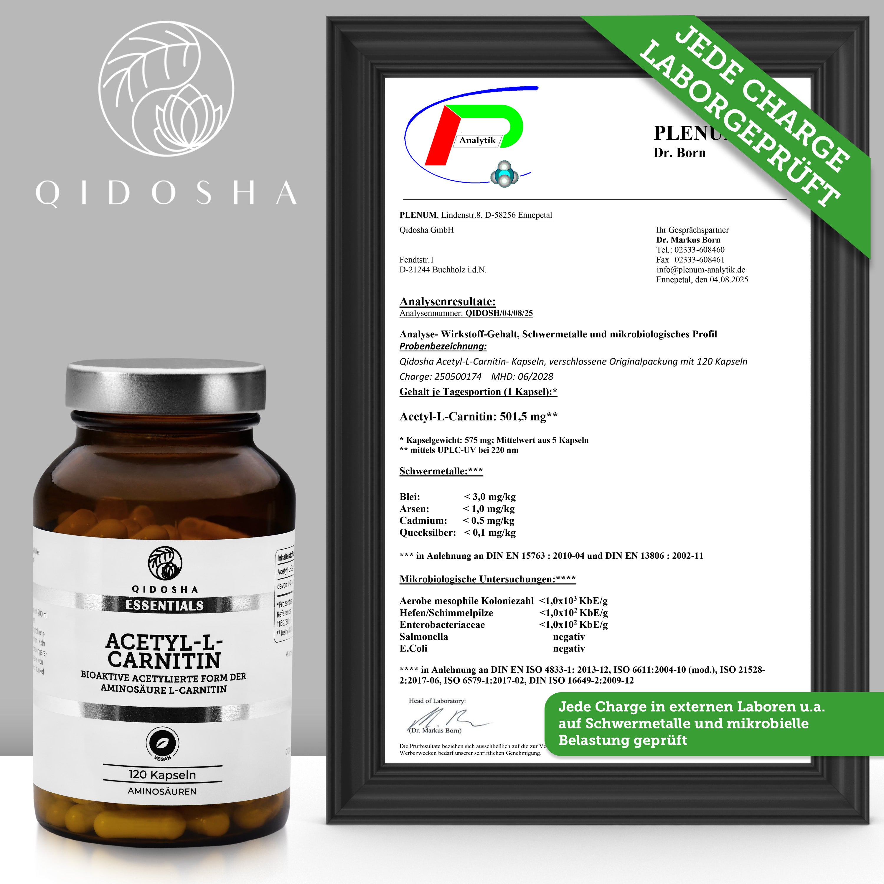 Acetyl-L-Carnitin (bioaktiv) im Glas, 120 vegane Kapseln; laborgeprüfte Qualität; Premium-Nahrungsergänzungsmittel von QIDOSHA, mit hoher Bioverfügbarkeit, ohne Füll- oder Zusatzstoffe.