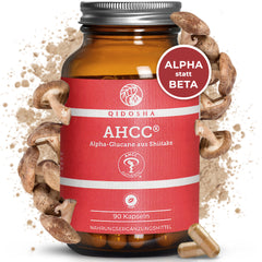 QIDOSHA AHCC® Alpha-Glucane aus Shiitake: Premium Nahrungsergänzungsmittel im braunen Glas, 90 vegane Kapseln, laborgeprüfte Qualität, ohne Füll- oder Zusatzstoffe, mit Shiitake-Pilzextrakt.