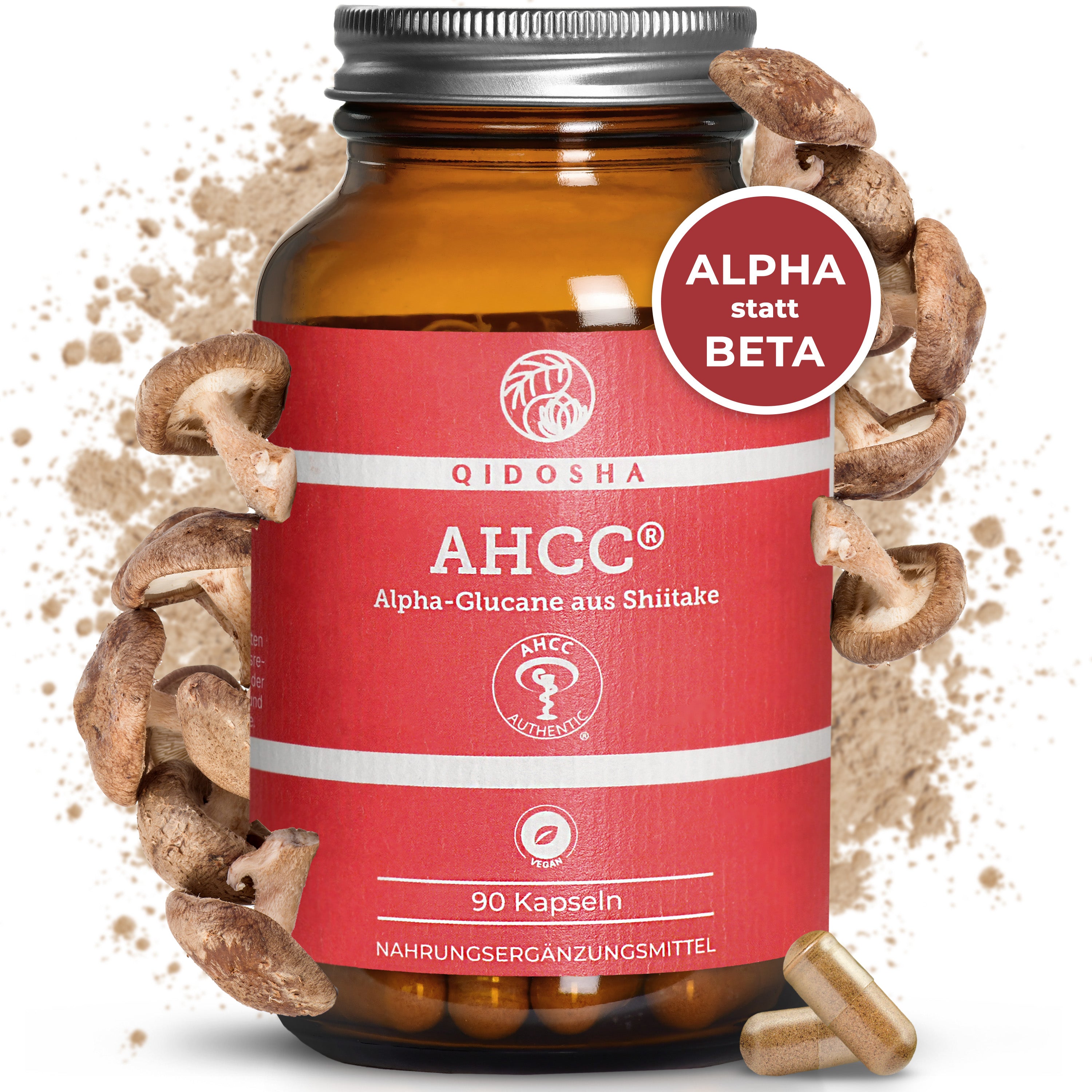 QIDOSHA AHCC® Alpha-Glucane aus Shiitake: Premium Nahrungsergänzungsmittel im braunen Glas, 90 vegane Kapseln, laborgeprüfte Qualität, ohne Füll- oder Zusatzstoffe, mit Shiitake-Pilzextrakt.