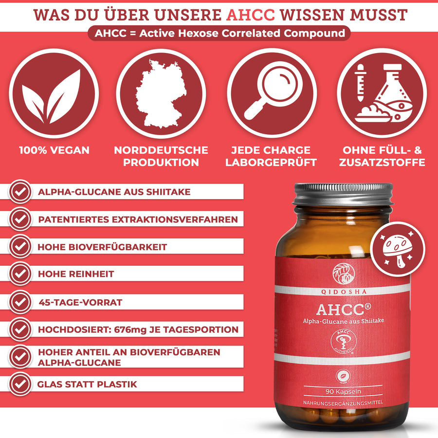 AHCC® Alpha-Glucane aus Shiitake-Kapseln in einem Premium-Braunglas, 100% vegan, laborgeprüft, ohne Füll- oder Zusatzstoffe, hergestellt in Norddeutschland.