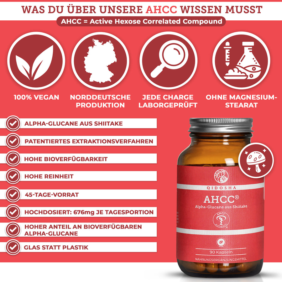 AHCC® Alpha-Glucane aus Shiitake: Premium, laborgeprüftes Nahrungsergänzungsmittel aus Norddeutschland. 100% vegan, ohne Magnesiumstearat, hohe Bioverfügbarkeit, 45-Tage-Vorrat in Glasflasche.