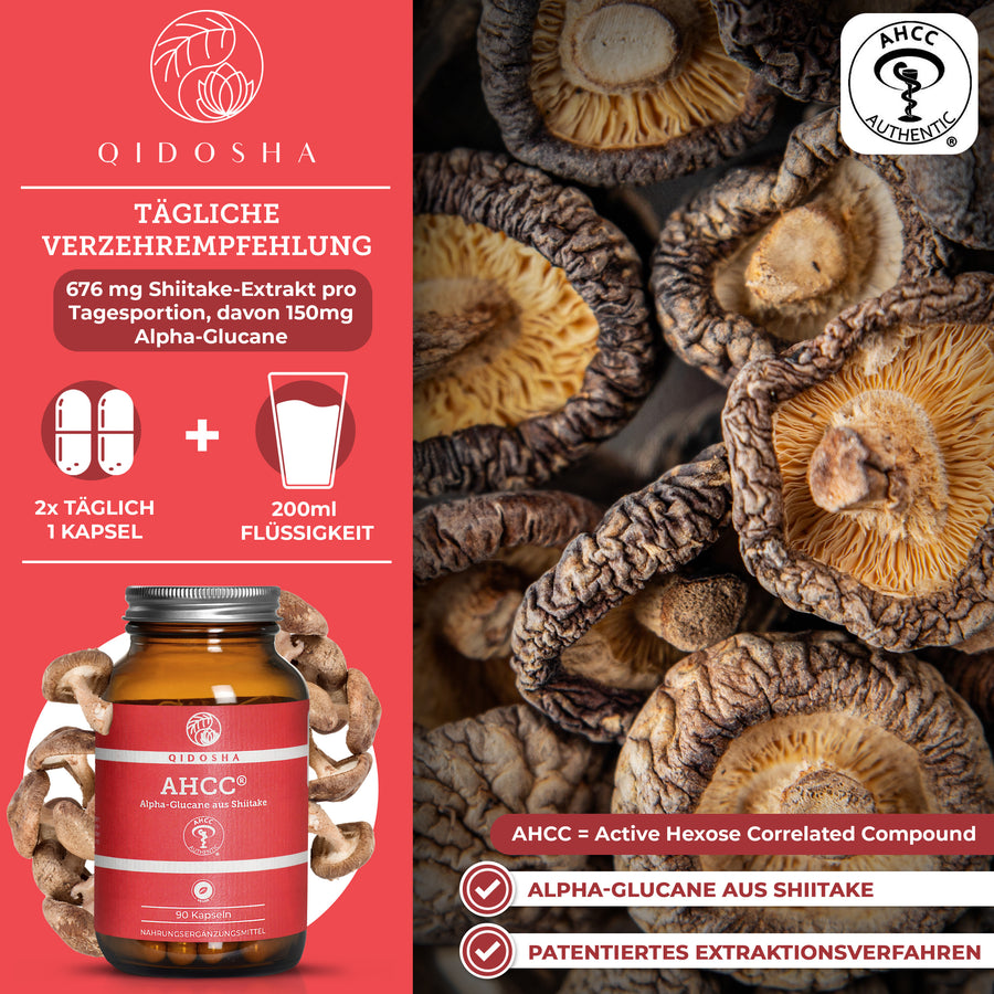QIDOSHA AHCC® Alpha-Glucane aus Shiitake, Premium-Nahrungsergänzungsmittel, 90 laborgeprüfte Kapseln. Enthält 150 mg Alpha-Glucane pro Portion, ohne Füll- oder Zusatzstoffe.