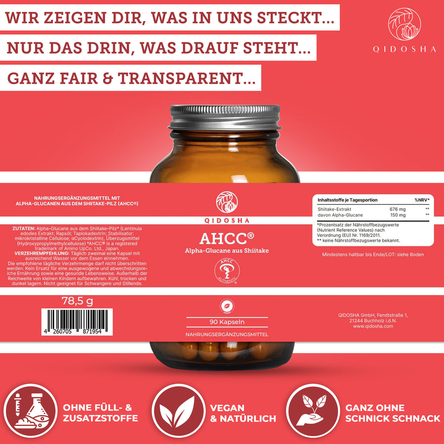 QIDOSHA Premium AHCC® Alpha-Glucane aus Shiitake: 90 vegane Kapseln, laborgeprüft, ohne Füll- oder Zusatzstoffe, in lichtgeschütztem Braunglas, hohe Bioverfügbarkeit.