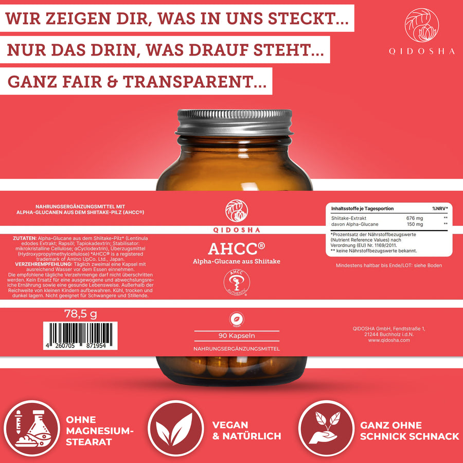 AHCC® Alpha-Glucane aus Shiitake Kapseln, vegan, 90 Stück. Premium-Nahrungsergänzung ohne Zusatzstoffe, hohe Qualität, laborgeprüft. Empfohlen: 2 Kapseln täglich. Hergestellt in Deutschland.