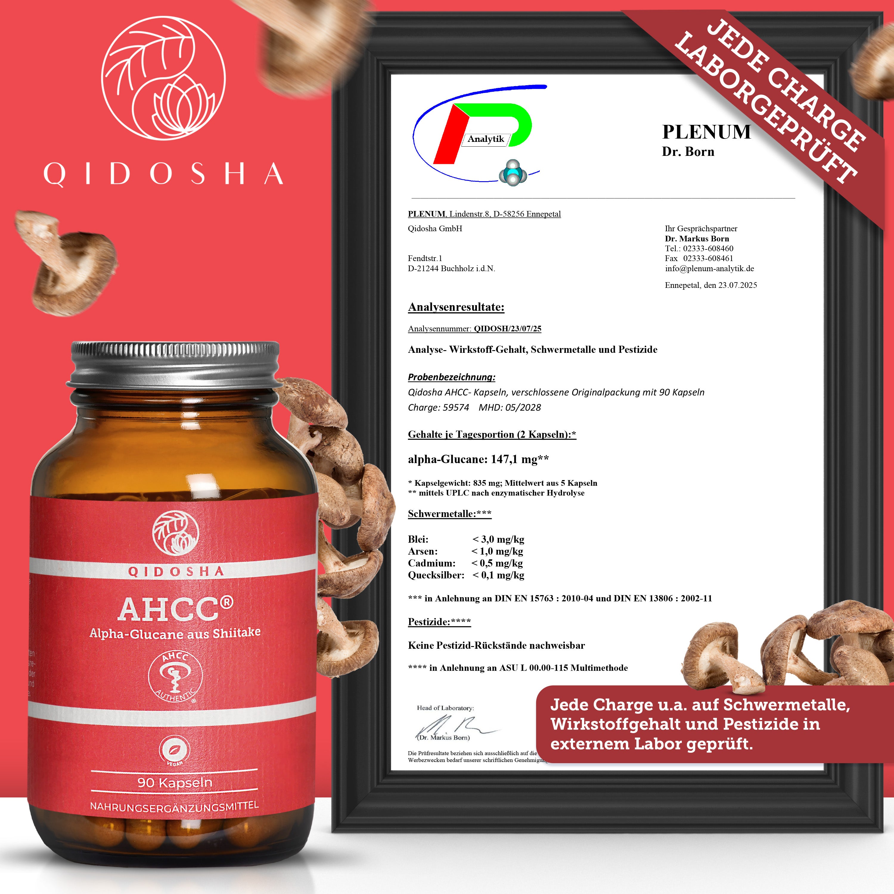 AHCC® Alpha-Glucane aus Shiitake: Premium, laborgeprüftes Nahrungsergänzungsmittel. Glasbehälter mit 90 veganen Kapseln, umgeben von Shiitake-Pilzen und Zertifikat zur Reinheit und Sicherheit.
