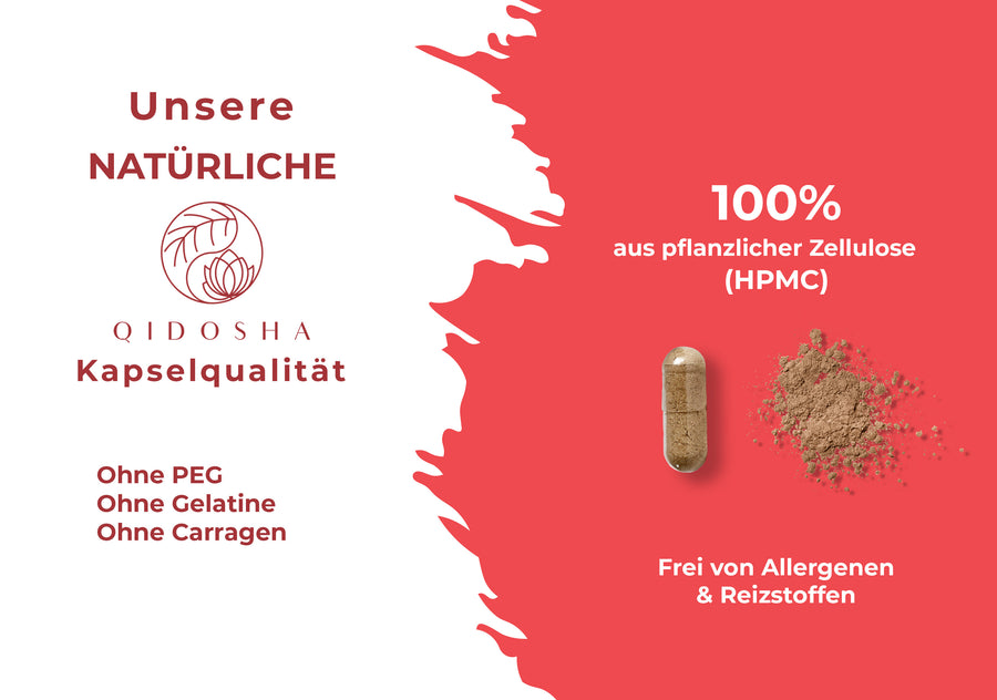 AHCC® Alpha-Glucane aus Shiitake: Premium pflanzliche Kapseln, 100% Zellulose, ohne Gelatine, allergenfrei, enthalten bioverfügbare Alpha-Glucane, in Deutschland hergestellt, laborgeprüfte Qualität.