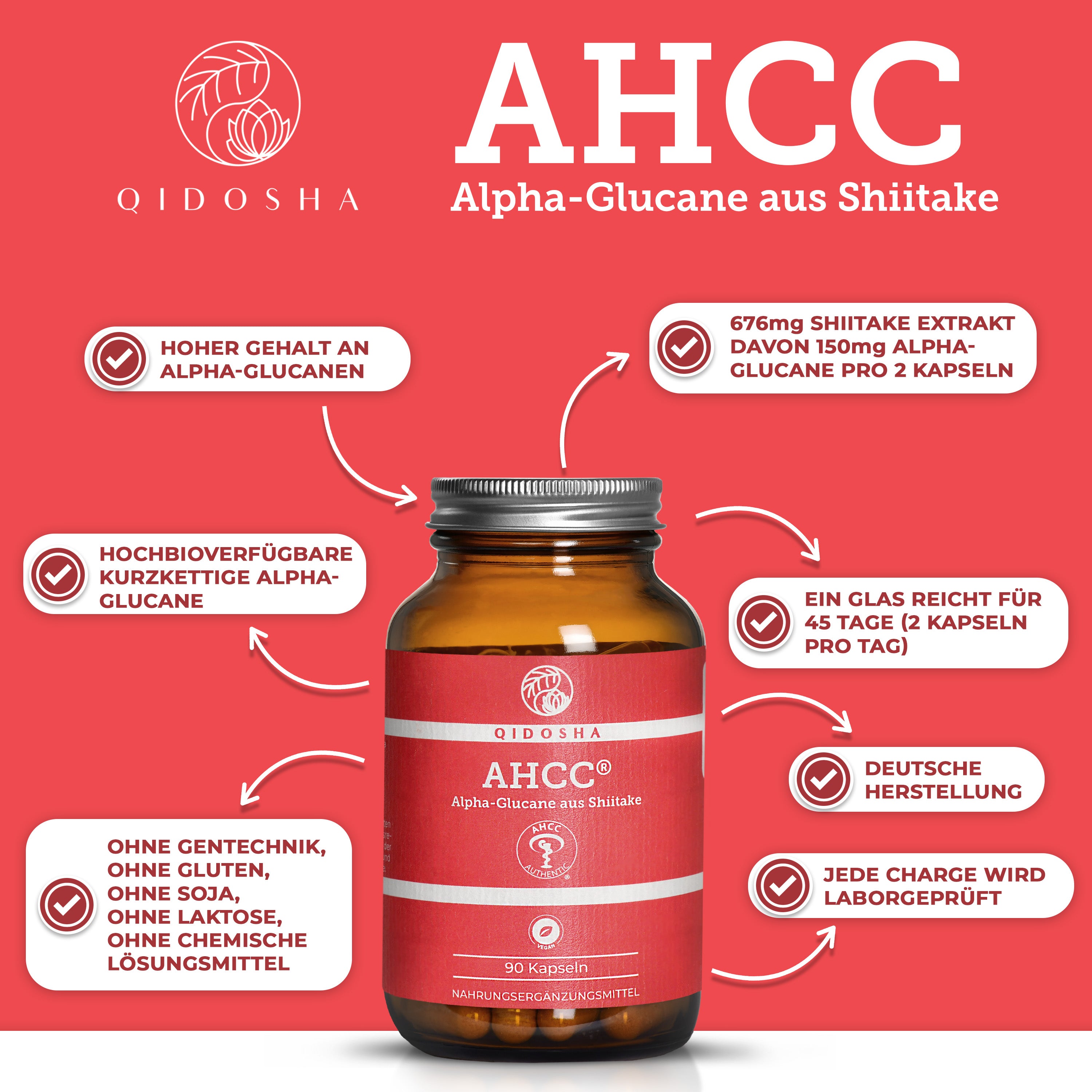 QIDOSHA AHCC® Alpha-Glucane aus Shiitake: Premium-Nahrungsergänzung, reich an kurzkettigen Alpha-Glucanen. Vegan, laborgeprüft, ohne Zusatzstoffe, 45-Tage-Vorrat in Glasverpackung. Hergestellt in Deutschland.