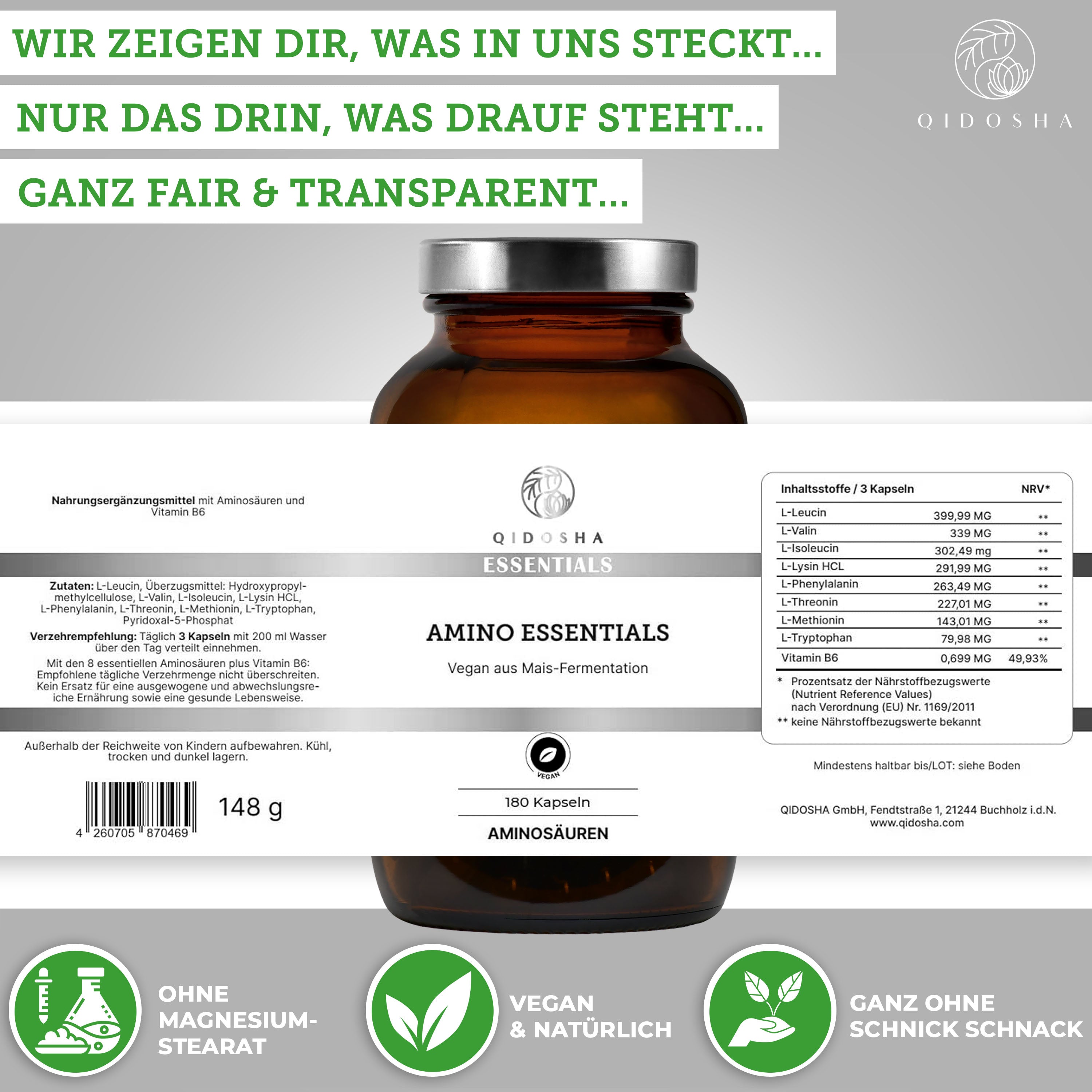 QIDOSHA Essentials – Master Aminosäuren Komplex plus Vitamin B6, vegan, 180 Kapseln, fermentiert aus Mais, ohne Magnesiumstearat, laborgeprüfte Premium-Qualität für optimale Proteinsynthese.