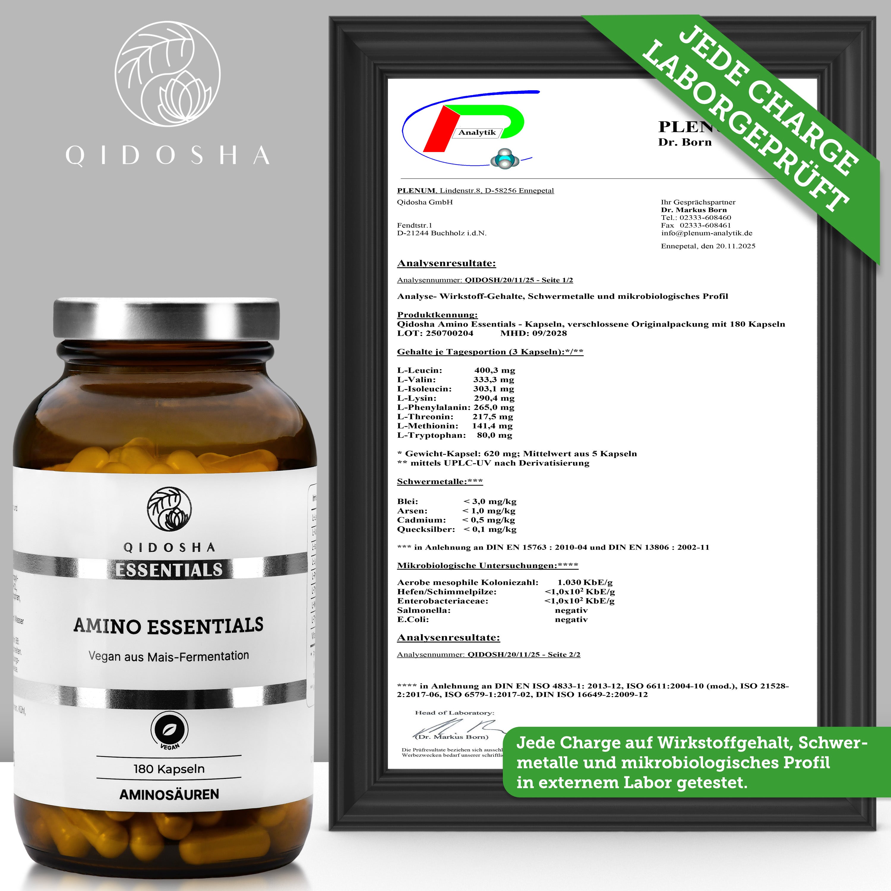 QIDOSHA ESSENTIALS – Amino Essentials: Premium-Glas mit veganen Kapseln, laborgeprüfter Master Aminosäuren Komplex plus Vitamin B6, frei von Füllstoffen, für optimale Proteinsynthese.
