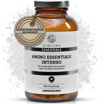 Premium Aminosäuren Komplex INTENSO im Glas von QIDOSHA: 360 vegane Presslinge, alle 8 essenziellen Aminosäuren, hohe Qualität, laborgeprüft, ohne Füllstoffe.