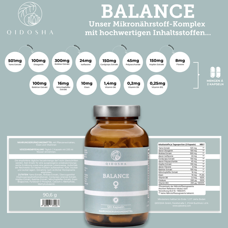 BALANCE Wechseljahre-Komplex ² von QIDOSHA: Premium-Nahrungsergänzungsmittel mit Yams, Rotklee, Cordyceps und B-Vitaminen; 120 laborgeprüfte Kapseln, ohne Zusatzstoffe, true clean label.