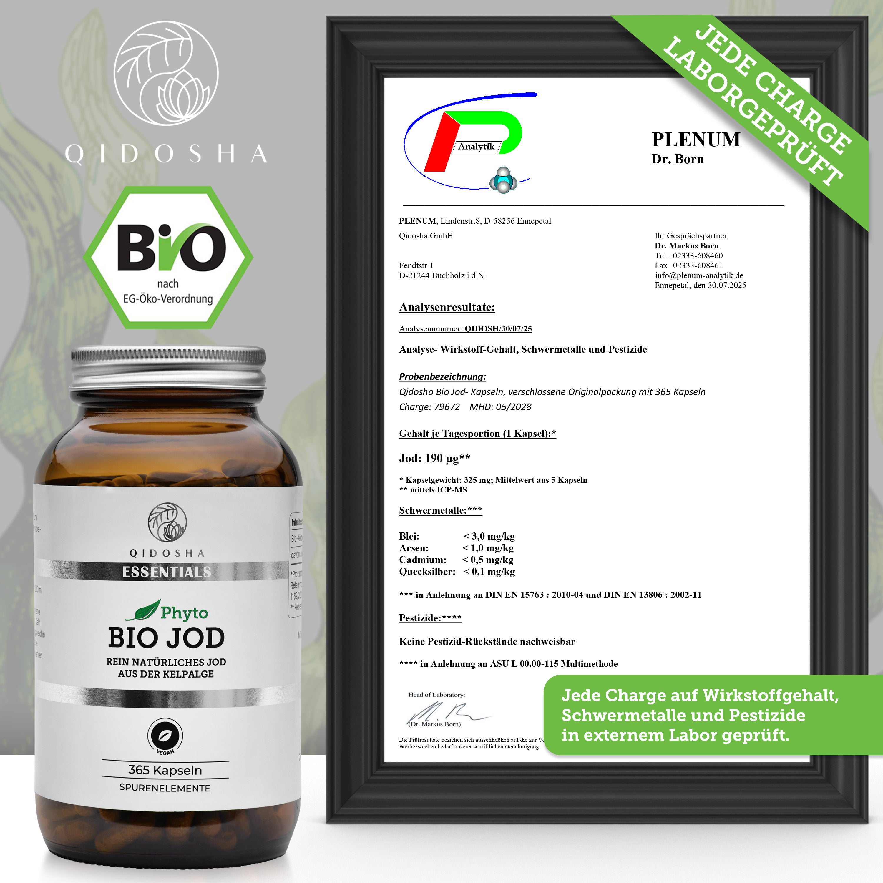 QIDOSHA Premium Bio Jod pflanzlich aus Kelpalge im Glas, 365 vegan kapseln, laborgeprüft auf Qualität mit hohem Jodgehalt, ohne Zusatzstoffe, inklusive Zertifikat.