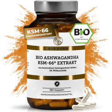 Bio Ashwagandha Extrakt KSM-66® im Braunglas mit 180 veganen, laborgeprüften Kapseln, hoher Qualität, ohne Füllstoffe, true clean label, aus biologischem Anbau.