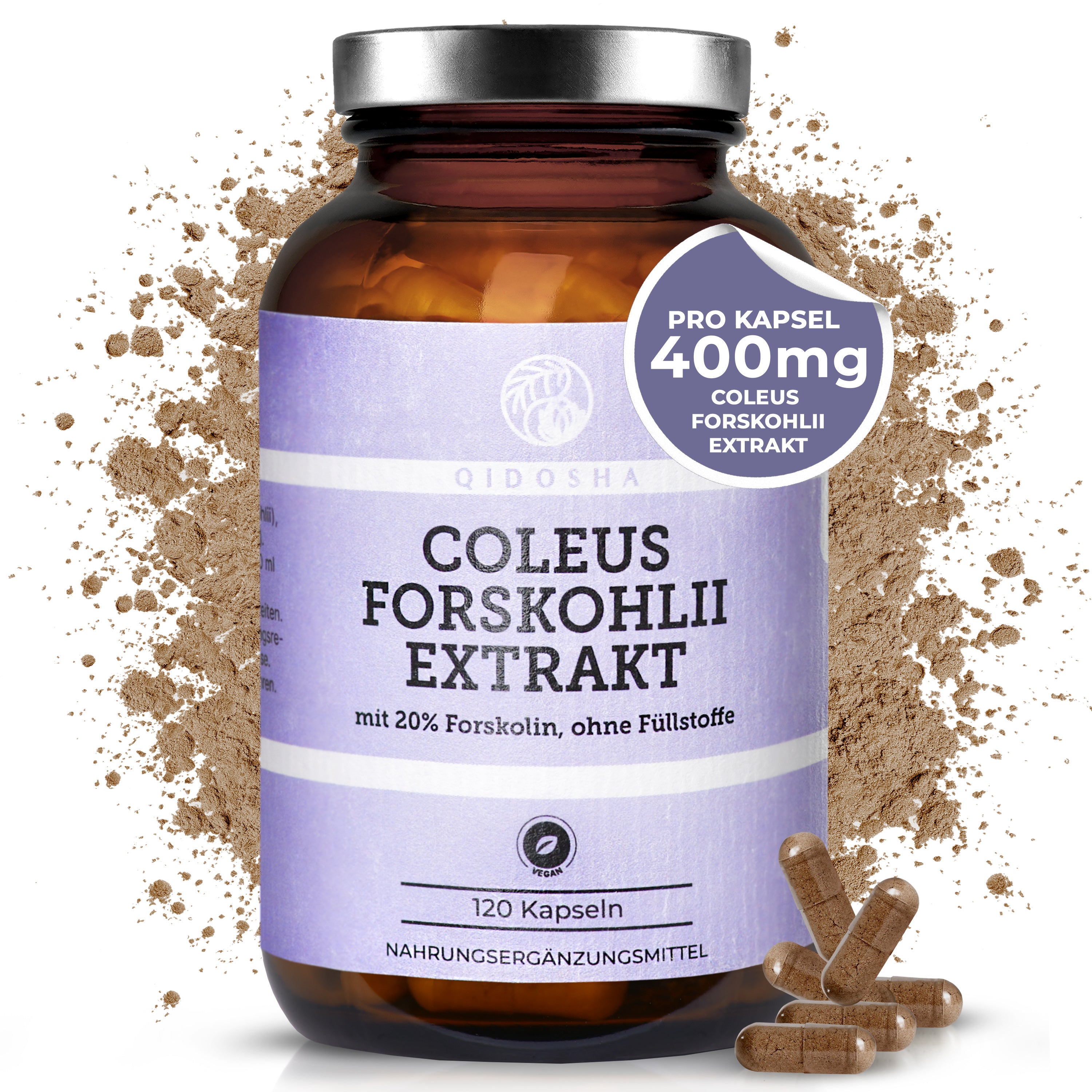 Coleus Forskohlii Extrakt mit 20% Forskolin in Premium-Qualität: 120 vegane Kapseln ohne Zusatzstoffe, laborgeprüft, in nachhaltigem Glasbehälter von Qidosha.
