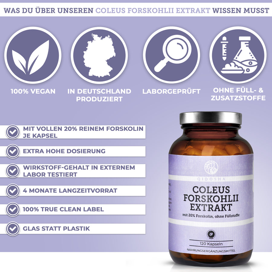 Coleus Forskohlii Extrakt mit 20% Forskolin, 120 laborgeprüfte, vegane Premium-Kapseln im Glas. Ohne Füllstoffe, hohe Qualität, von QIDOSHA, hergestellt in Deutschland.