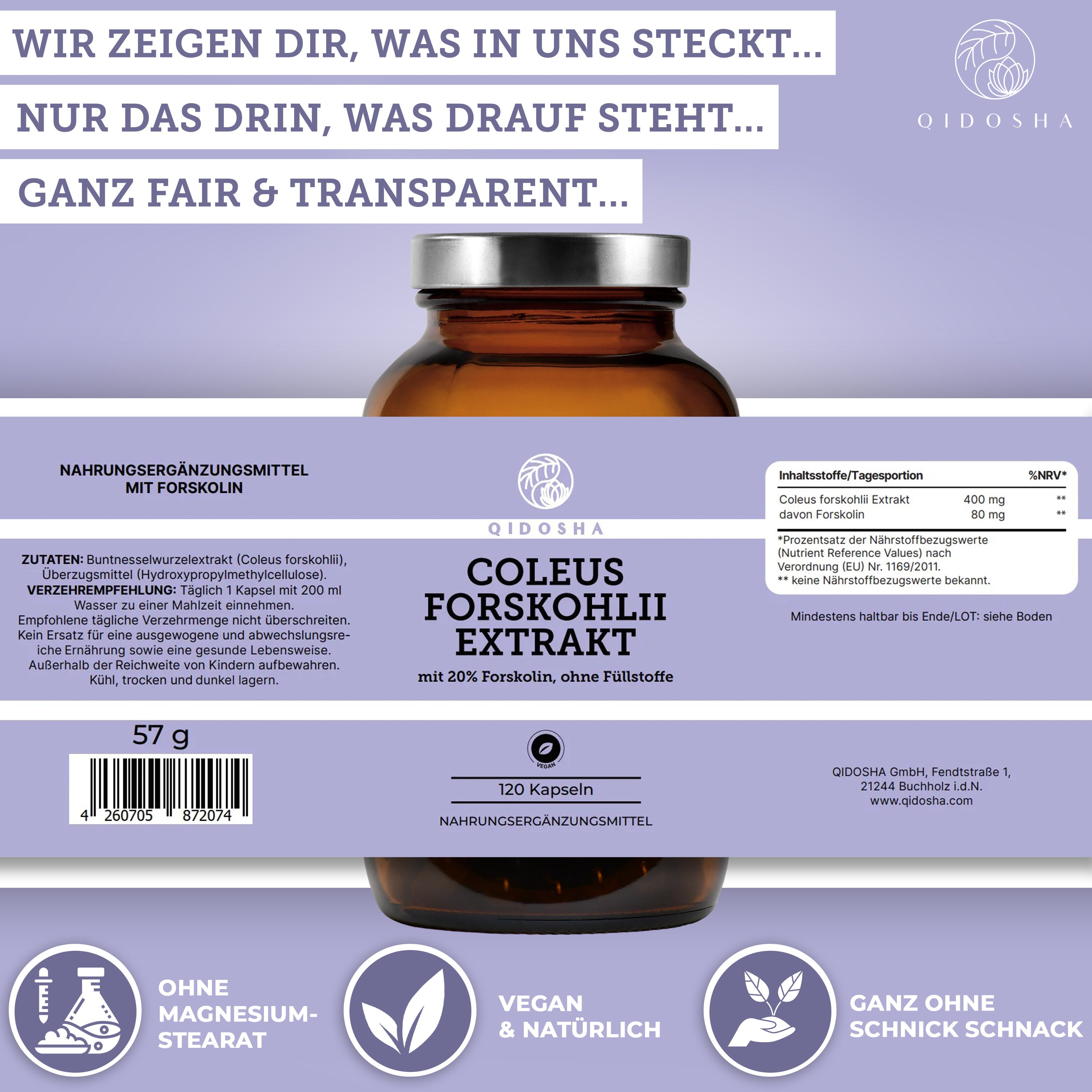 QIDOSHA Coleus Forskohlii Extrakt, 120 vegane Kapseln, 20% Forskolin, ohne Füllstoffe, laborgeprüft, Premium-Nahrungsergänzungsmittel, nachhaltig in Deutschland hergestellt.
