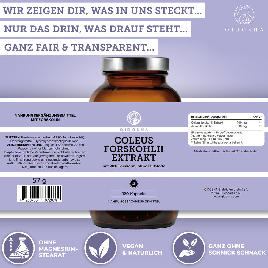 QIDOSHA Coleus Forskohlii Extrakt, 120 vegane Kapseln, 20% Forskolin, ohne Füllstoffe, laborgeprüft, Premium-Nahrungsergänzungsmittel, nachhaltig in Deutschland hergestellt.