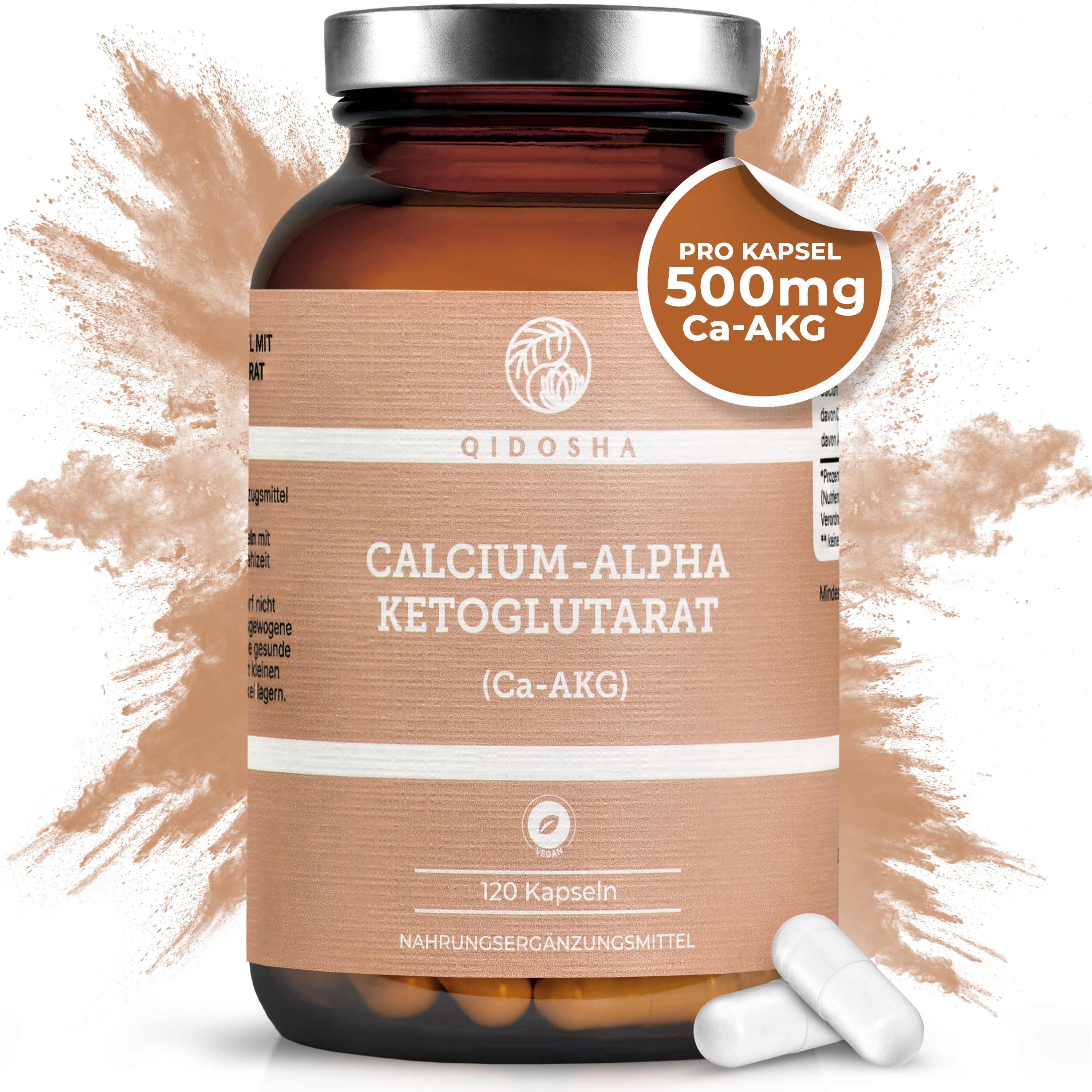 QIDOSHA Premium Calcium-Alpha-Ketoglutarat (Ca-AKG) in braunem Glas, 120 vegane Kapseln à 500 mg, hohe Bioverfügbarkeit, laborgeprüfte Qualität, ohne Füllstoffe, in Deutschland hergestellt.