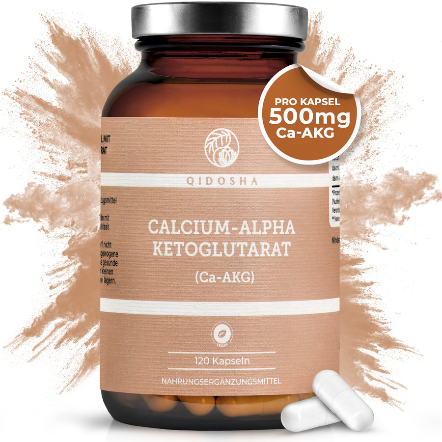 QIDOSHA Premium Calcium-Alpha-Ketoglutarat (Ca-AKG) in braunem Glas, 120 vegane Kapseln à 500 mg, hohe Bioverfügbarkeit, laborgeprüfte Qualität, ohne Füllstoffe, in Deutschland hergestellt.