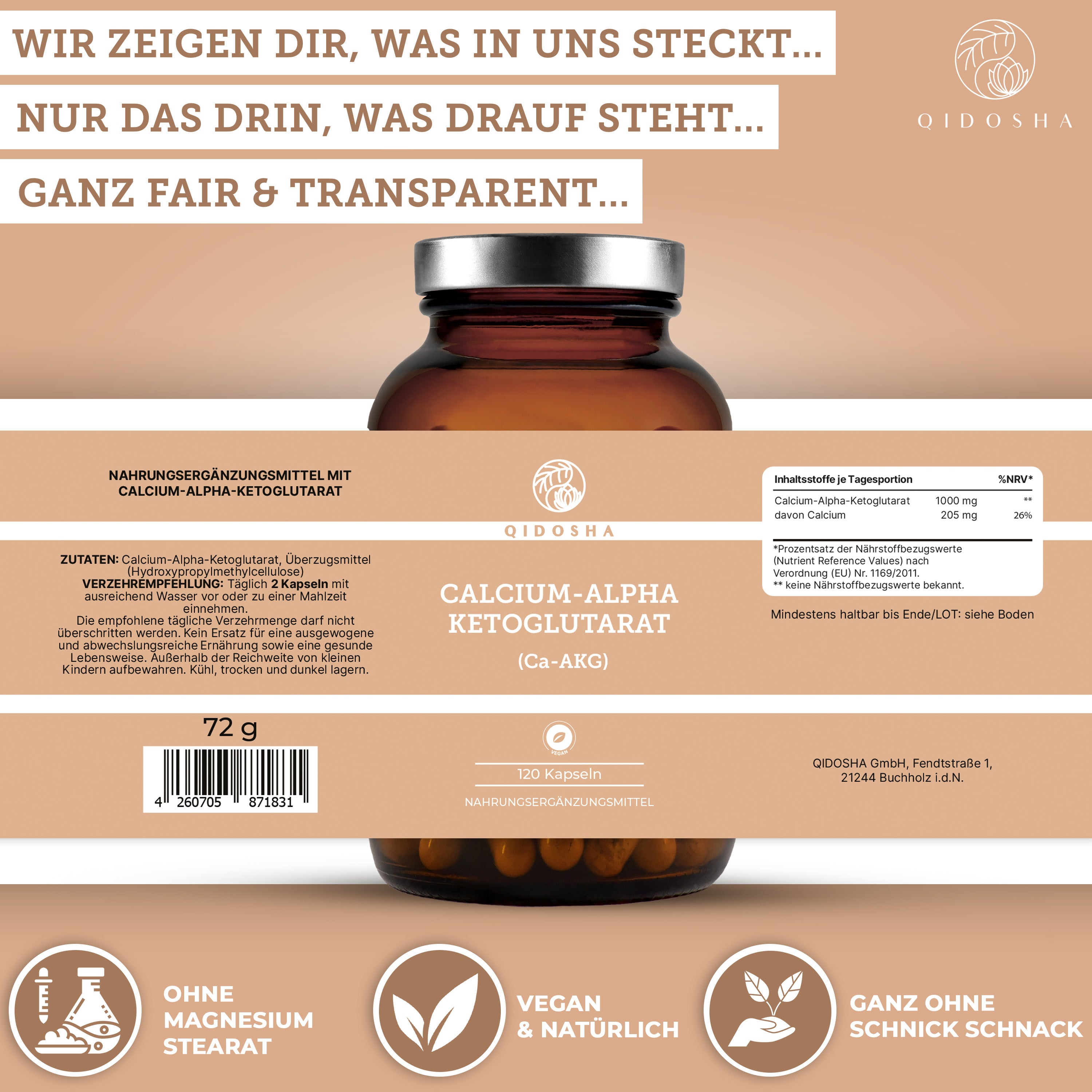 Calcium-Alpha-Ketoglutarat (Ca-AKG) von QIDOSHA: Hochdosierte, vegane Premium-Kapseln, laborgeprüft, ohne Füllstoffe. Nachhaltig in Glas verpackt.