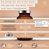 Calcium-Alpha-Ketoglutarat (Ca-AKG) Premium-Nahrungsergänzungsmittel, 120 vegane Kapseln, ohne Zusatzstoffe, laborgeprüfte Qualität, hergestellt in Deutschland. Nachhaltige Glasverpackung.