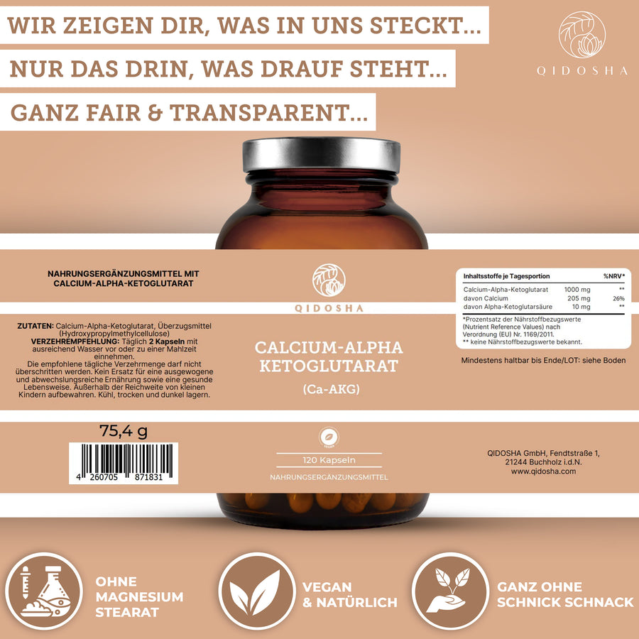 Calcium-Alpha-Ketoglutarat (Ca-AKG) Premium-Nahrungsergänzungsmittel, 120 vegane Kapseln, ohne Zusatzstoffe, laborgeprüfte Qualität, hergestellt in Deutschland. Nachhaltige Glasverpackung.