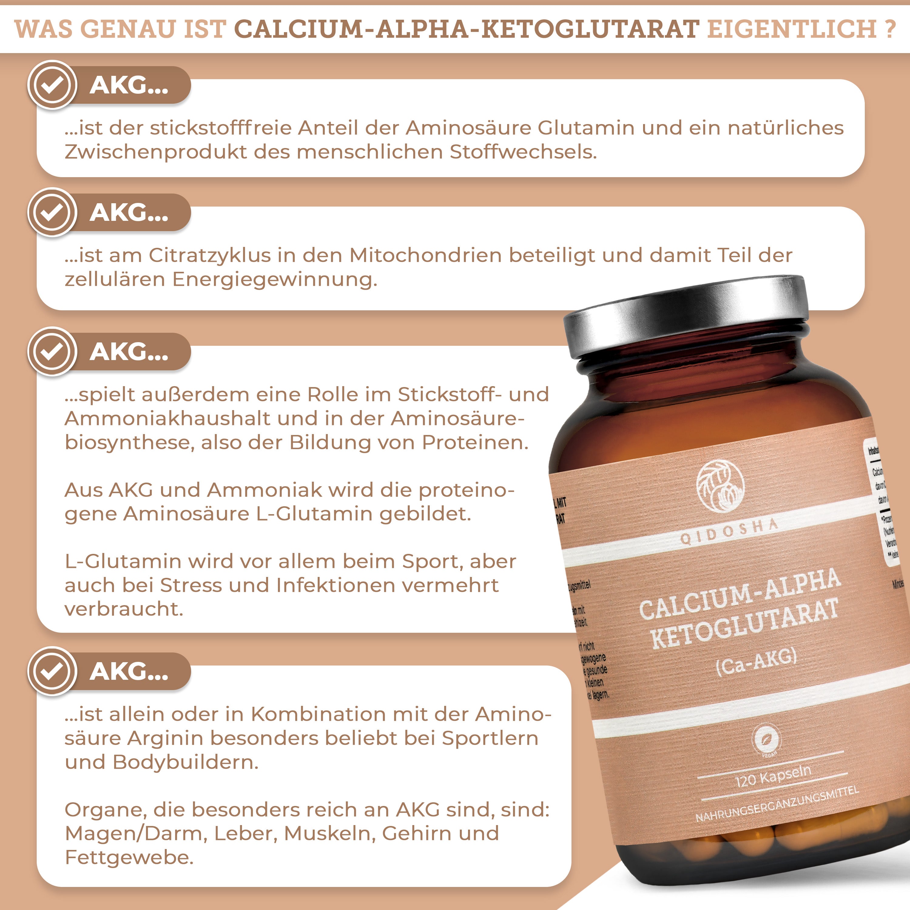 Calcium-Alpha-Ketoglutarat (Ca-AKG) 120 Kapseln von QIDOSHA, Teil des Cellular Stack, Premium-Nahrungsergänzung, Fokus auf zelluläre Prozesse, laborgeprüfte Qualität, ohne Zusätze.