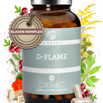 D-FLAME im Glas: Premium, laborgeprüfte Blasenkapseln mit Pflanzenextrakten, 120 vegane Kapseln, ohne Füllstoffe, hergestellt in Deutschland, nachhaltige Verpackung.