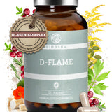 D-FLAME im Glas: Premium, laborgeprüfte Blasenkapseln mit Pflanzenextrakten, 120 vegane Kapseln, ohne Füllstoffe, hergestellt in Deutschland, nachhaltige Verpackung.