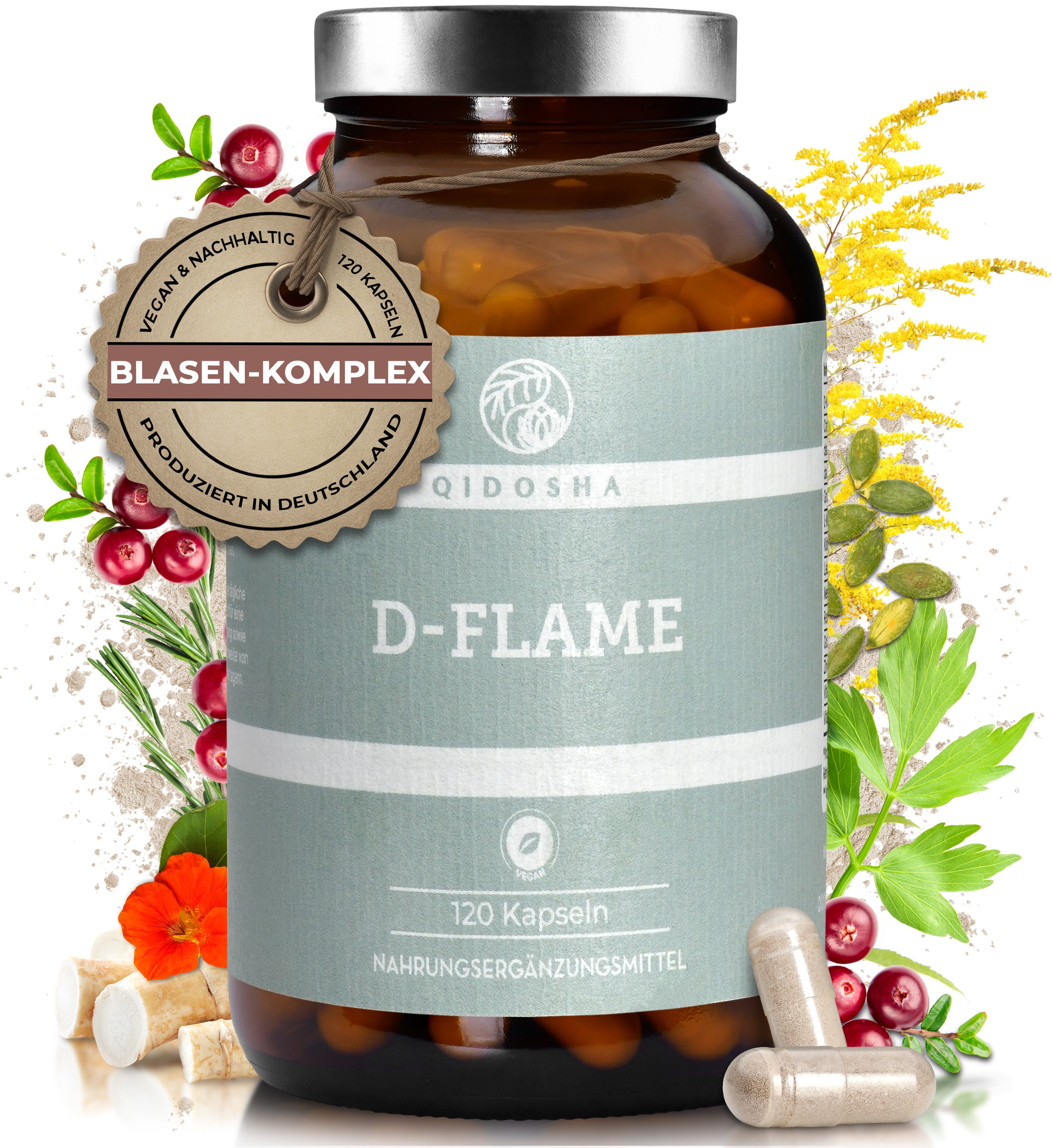 D-FLAME im Glas: Premium, laborgeprüfte Blasenkapseln mit Pflanzenextrakten, 120 vegane Kapseln, ohne Füllstoffe, hergestellt in Deutschland, nachhaltige Verpackung.