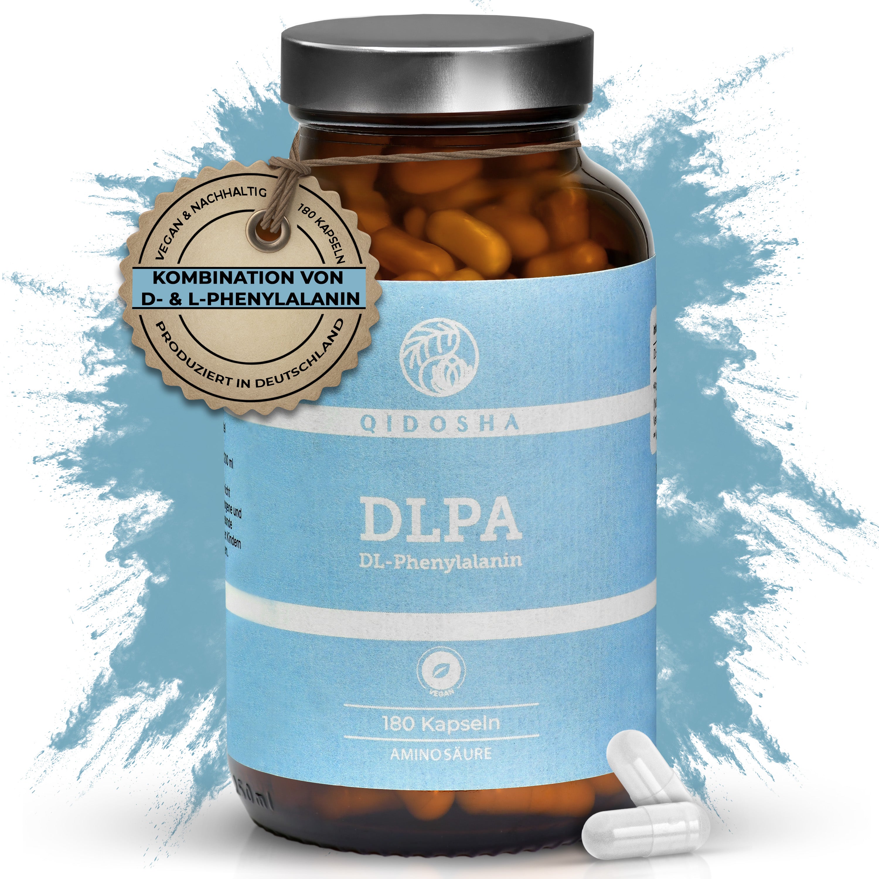 QIDOSHA DL-Phenylalanin Glas mit 180 veganen Kapseln, Premium-Laborqualität, ohne Füllstoffe, aus nachhaltiger deutscher Produktion, Kombination aus D- und L-Phenylalanin.
