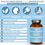 DL-Phenylalanin (DLPA) von Qidosha: Premium-Diät-Produkt, 100% vegan, laborgeprüft, ohne Füllstoffe, in Braunglas. Enthält kombinierte D- und L-Phenylalanin-Aminosäuren.