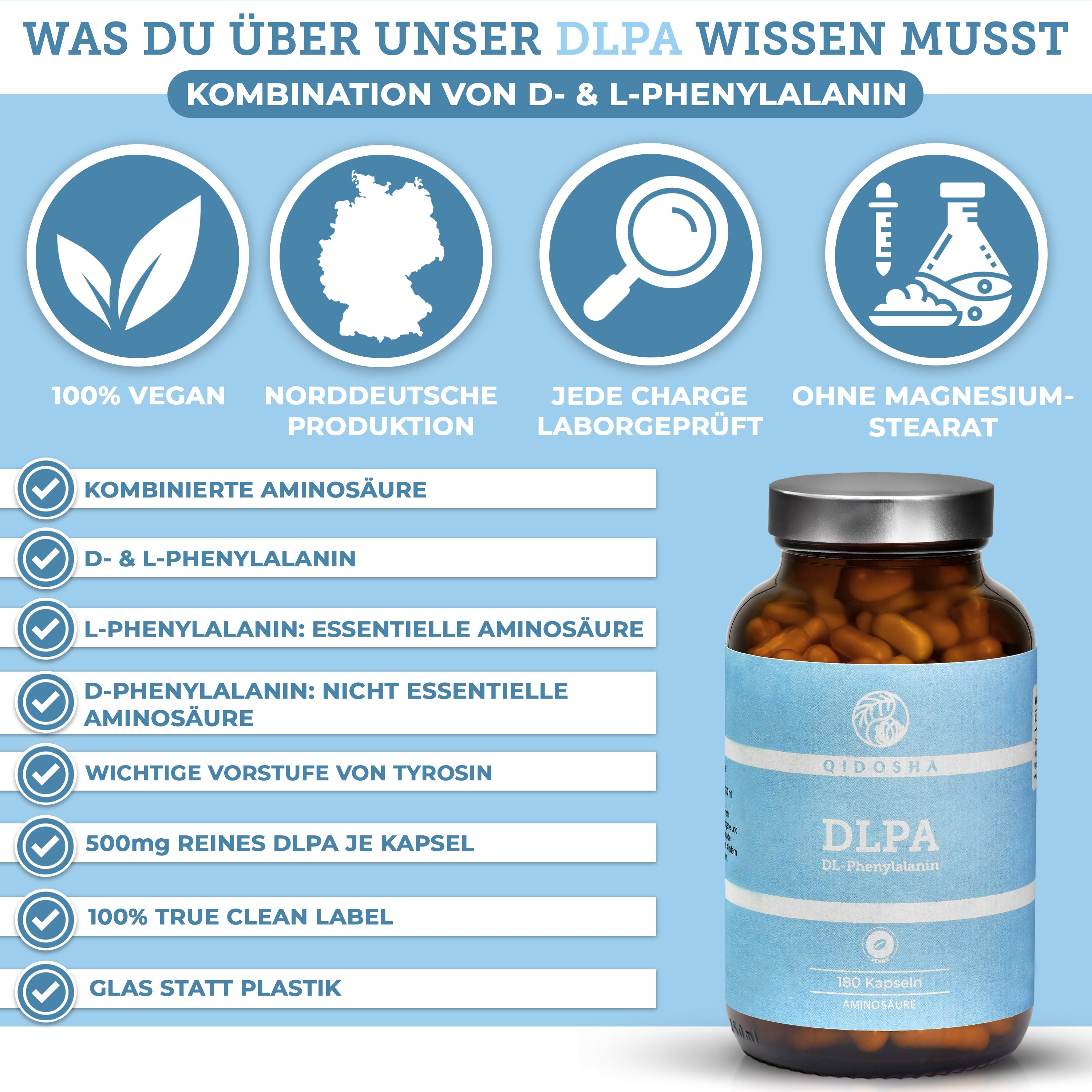 DL-Phenylalanin (DLPA) von Qidosha: Premium-Diät-Produkt, 100% vegan, laborgeprüft, ohne Füllstoffe, in Braunglas. Enthält kombinierte D- und L-Phenylalanin-Aminosäuren.