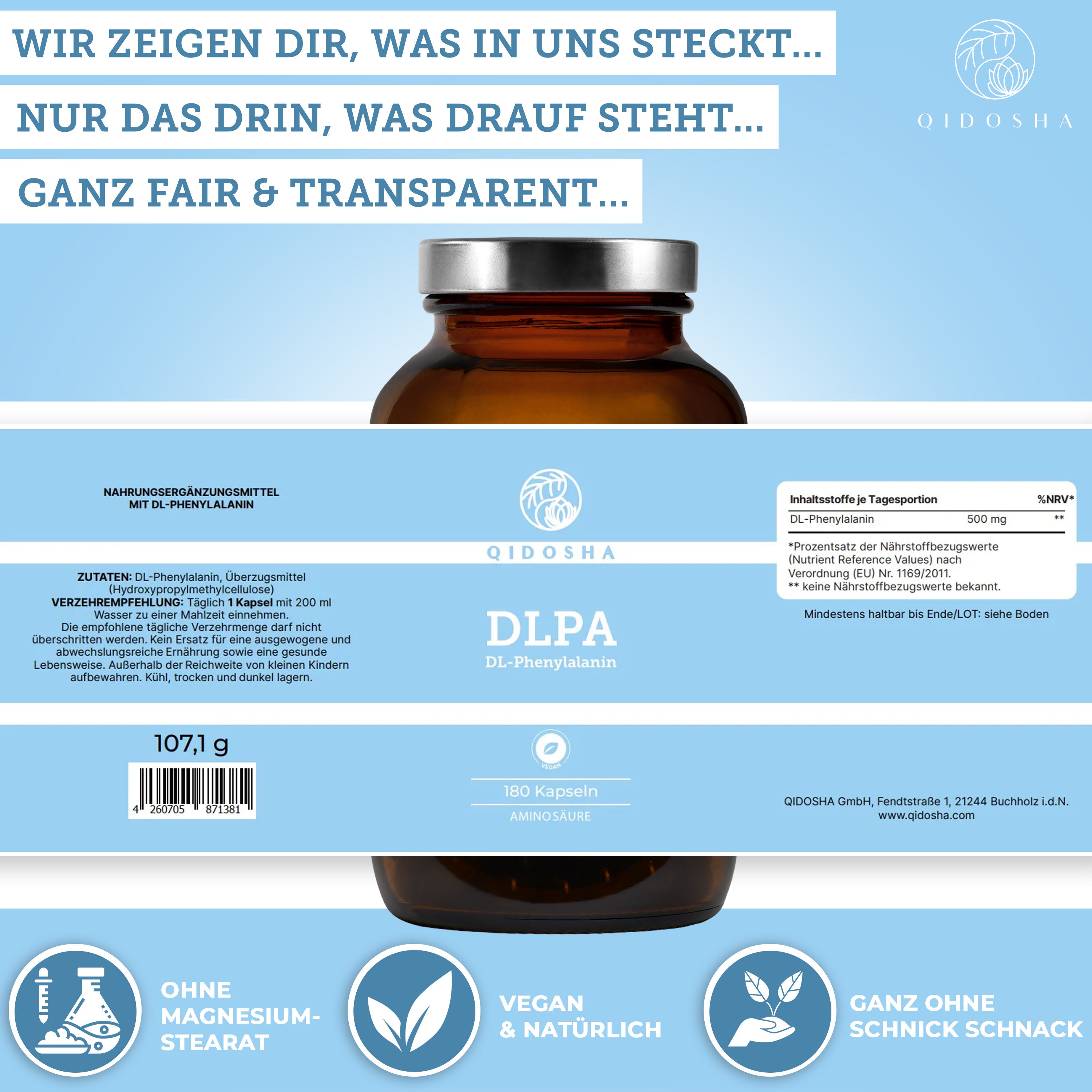 Braunes Glasgefäß mit sky-blauem Etikett von Qidosha. Enthält 180 DL-Phenylalanin-Kapseln, vegan, laborgeprüft, ohne Zusatzstoffe, hoher Reinheitsgrad, true clean label.