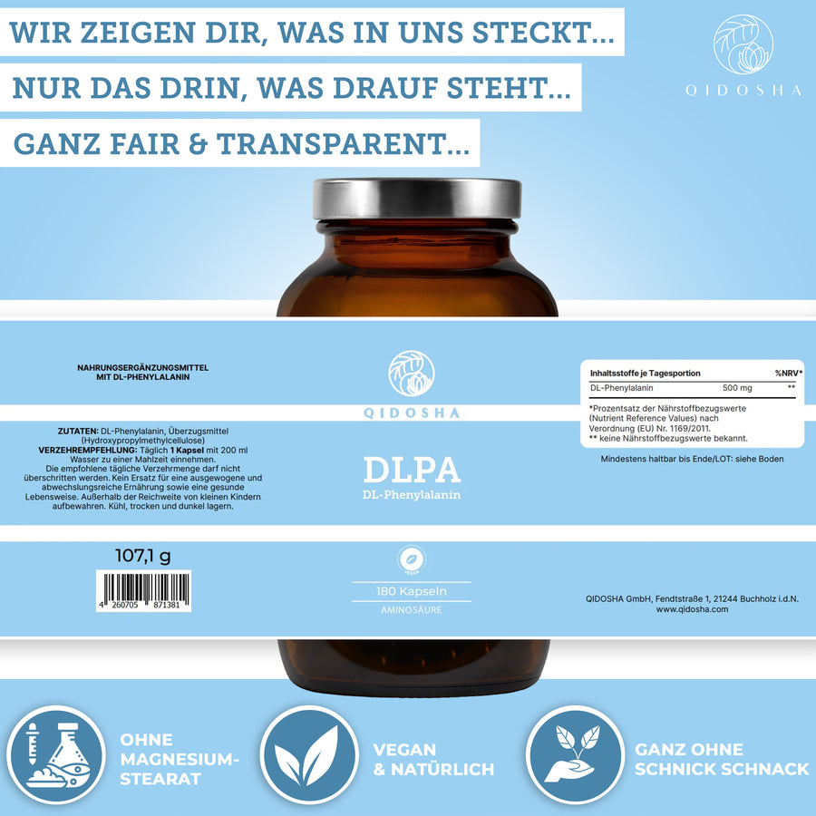 Braunes Glasgefäß mit sky-blauem Etikett von Qidosha. Enthält 180 DL-Phenylalanin-Kapseln, vegan, laborgeprüft, ohne Zusatzstoffe, hoher Reinheitsgrad, true clean label.