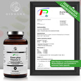 Braunes Glas mit Qidosha Premium-Nahrungsergänzung: Eisen aus Curryblatt-Extrakt, Vitamin C aus Acerola, 120 vegane Kapseln, laborgeprüfte Qualität, ohne Füll- oder Zusatzstoffe.