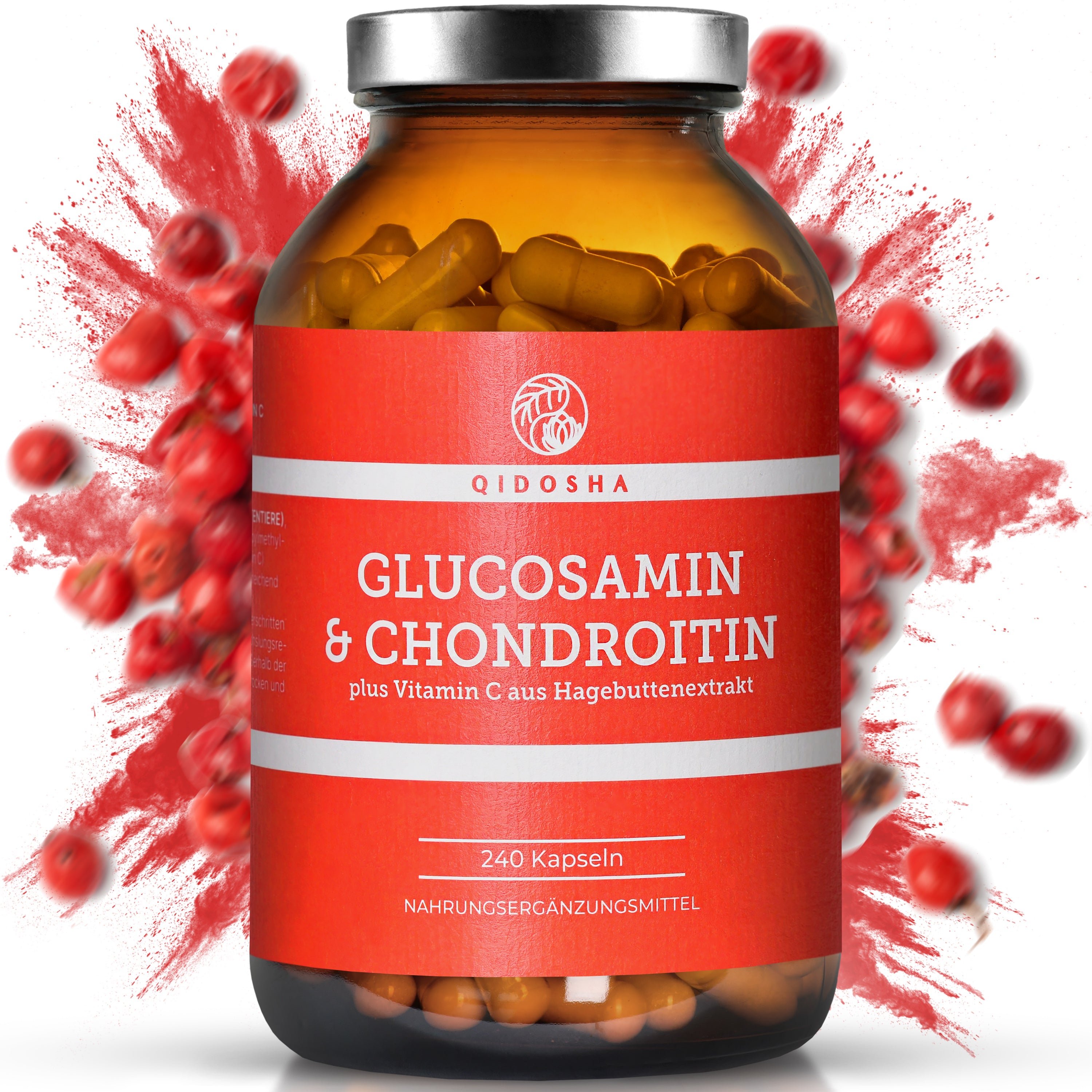 Qidosha's Premium-Glucosamin & Chondroitin plus Vitamin C, 240 Kapseln im braunen Glas, laborgeprüfte Qualität, ohne Füllstoffe, unterstützt Knorpelfunktion und Kollagenbildung.