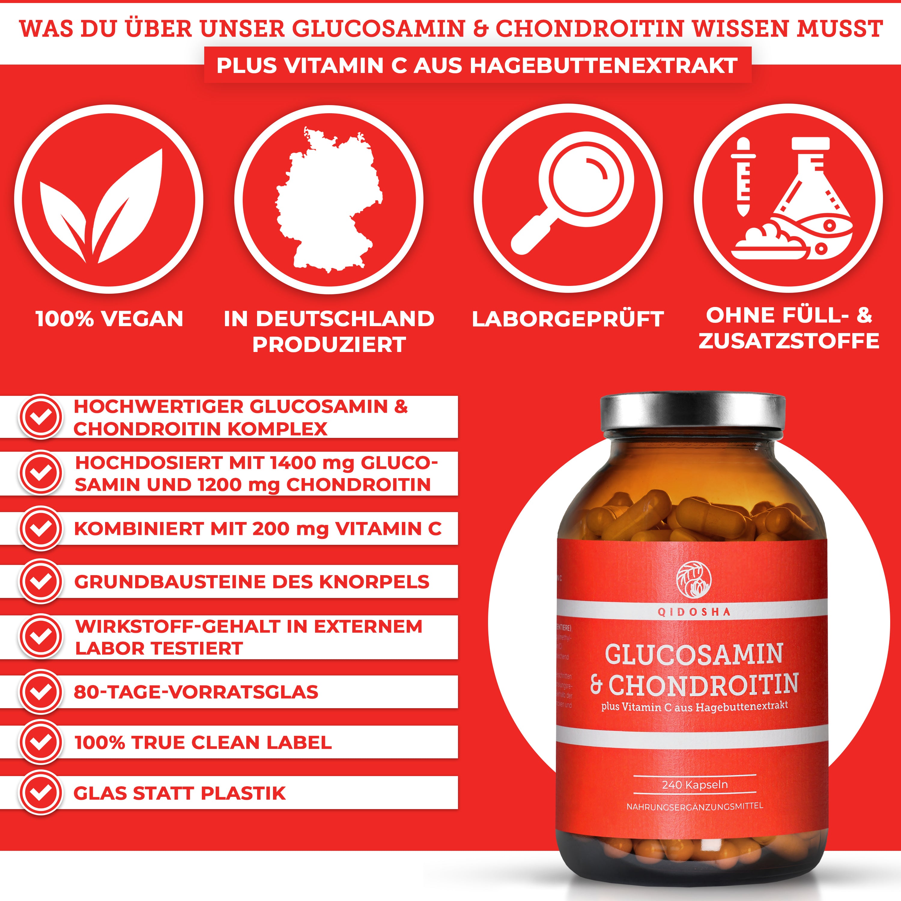 Glucosamin & Chondroitin plus Vitamin C in einem 240-Kapsel-Glas. Premium, laborgeprüfte Qualität, ohne Füllstoffe, mit True Clean Label und 80-Tage-Vorrat.