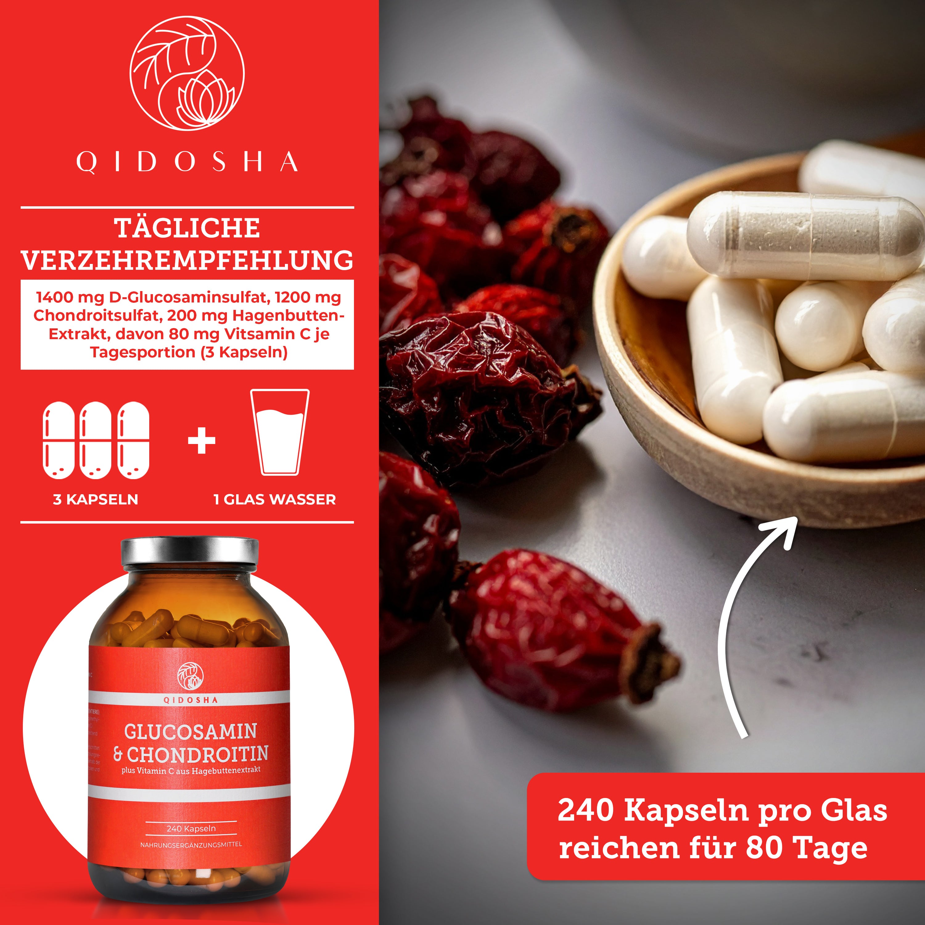 Glucosamin & Chondroitin plus Vitamin C: Premium-Kapseln, laborgeprüft, für 80-Tage-Vorrat. Enthält hochwertige Wirkstoffe, ideal für Knorpelfunktion. Enthält keine Füllstoffe. Verpackt in Braunglas.