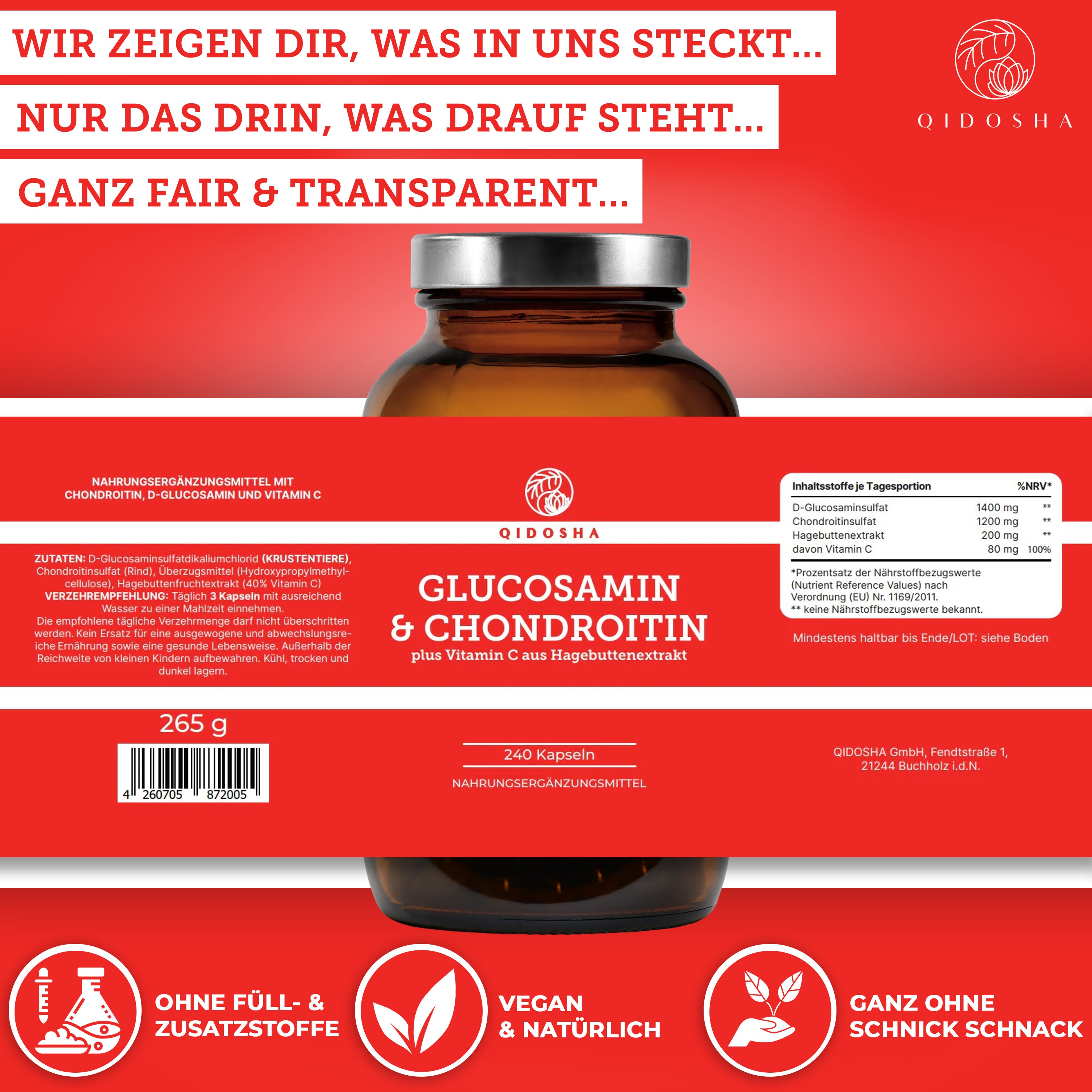 Glucosamin & Chondroitin plus Vitamin C: Premium, laborgeprüfte Qualität ohne Füll- oder Zusatzstoffe, vegan. 240 Kapseln in lichtgeschütztem Braunglas für 80 Tage.