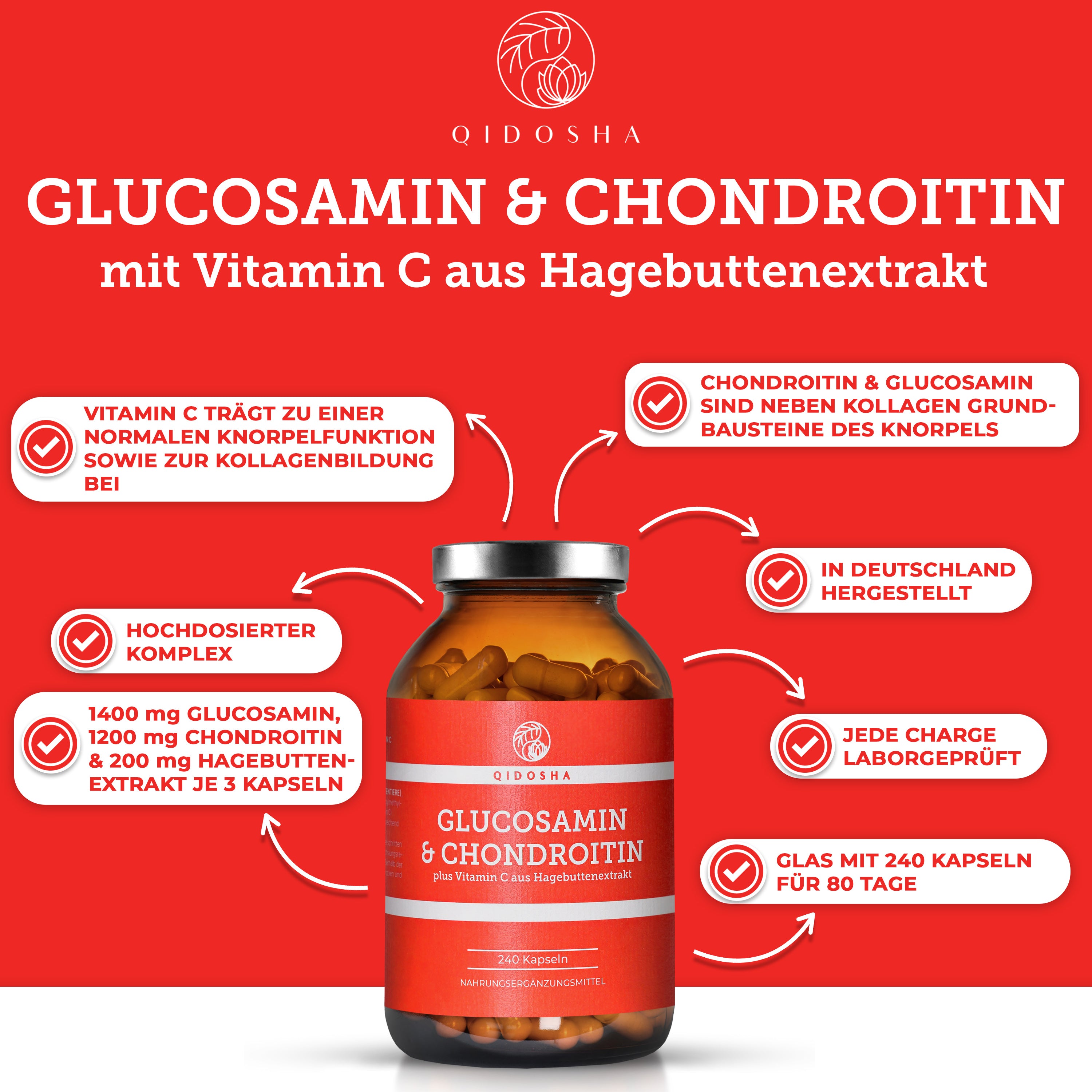 Glucosamin & Chondroitin plus Vitamin C: Premium-Kapseln in Braunglas, hochdosiert und laborgeprüft, fördern Knorpelfunktion und Kollagenbildung, hergestellt in Deutschland, ohne Füllstoffe.