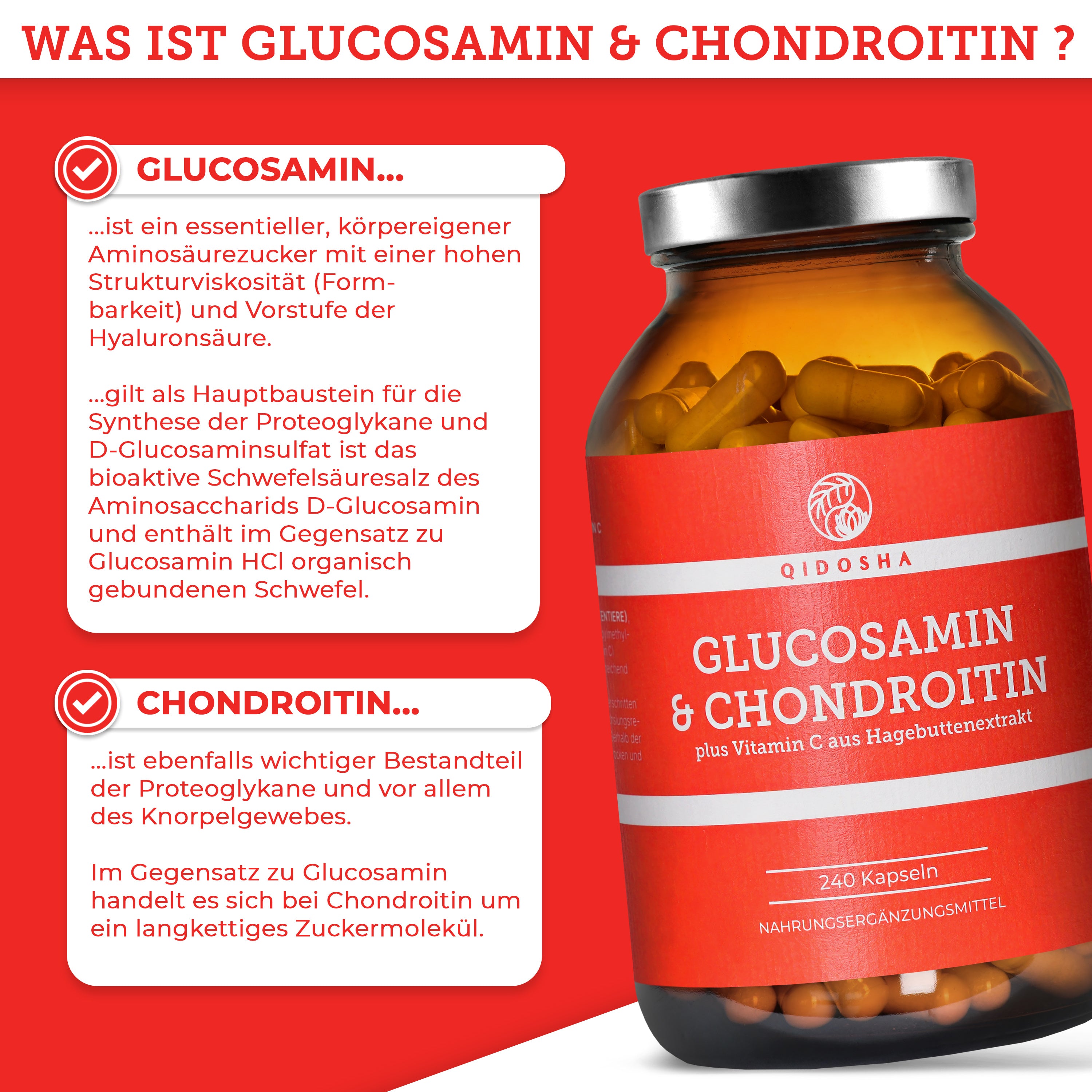 Glucosamin & Chondroitin plus Vitamin C von QIDOSHA, 240 Premium-Kapseln im Glas, laborgeprüfte Qualität, hohe Dosierung, ohne Zusatzstoffe, unterstützt Knorpelfunktion und Kollagenbildung.