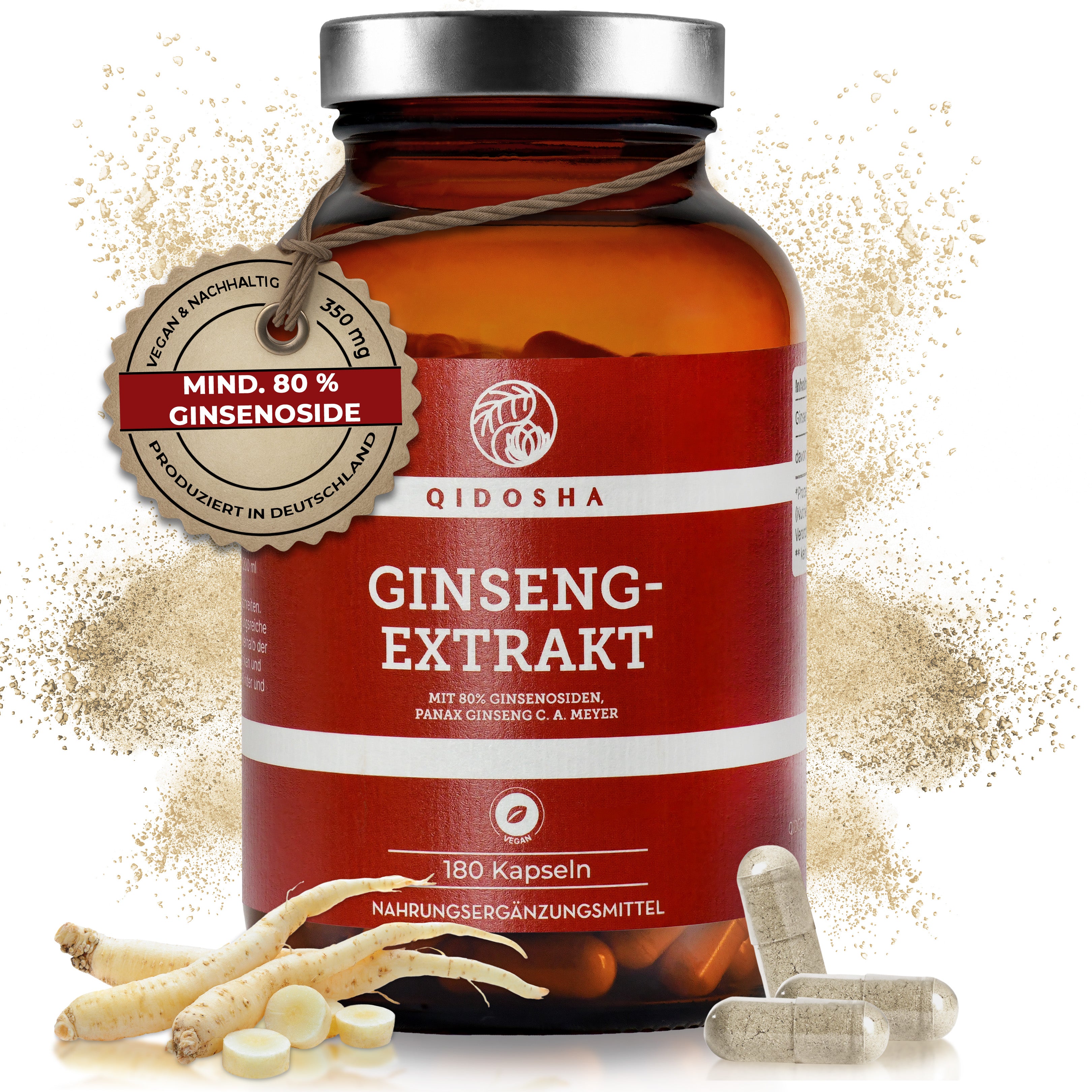 Ginseng-Extrakt im Glas: Premium Ginseng-Kapseln von Qidosha, vegan und nachhaltig, mit 80% Ginsenosiden, laborgeprüft, ohne Zusatzstoffe, hergestellt in Deutschland.