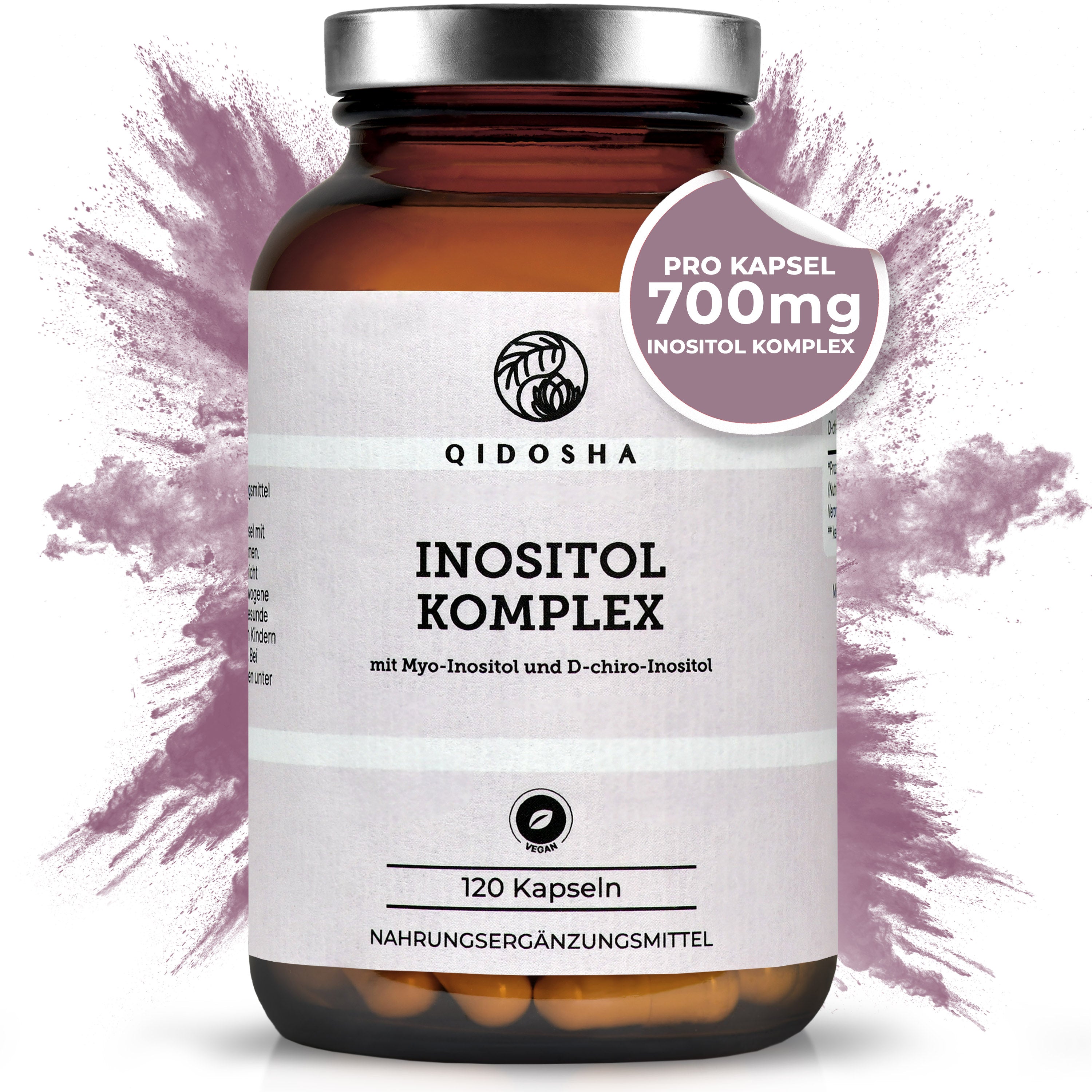 Qidosha Premium D-chiro-Inositol & Myo-Inositol im braunen Glas, vegan, 120 Kapseln, 700 mg Inositol-Komplex, ohne Füllstoffe, laborgeprüfte Qualität.