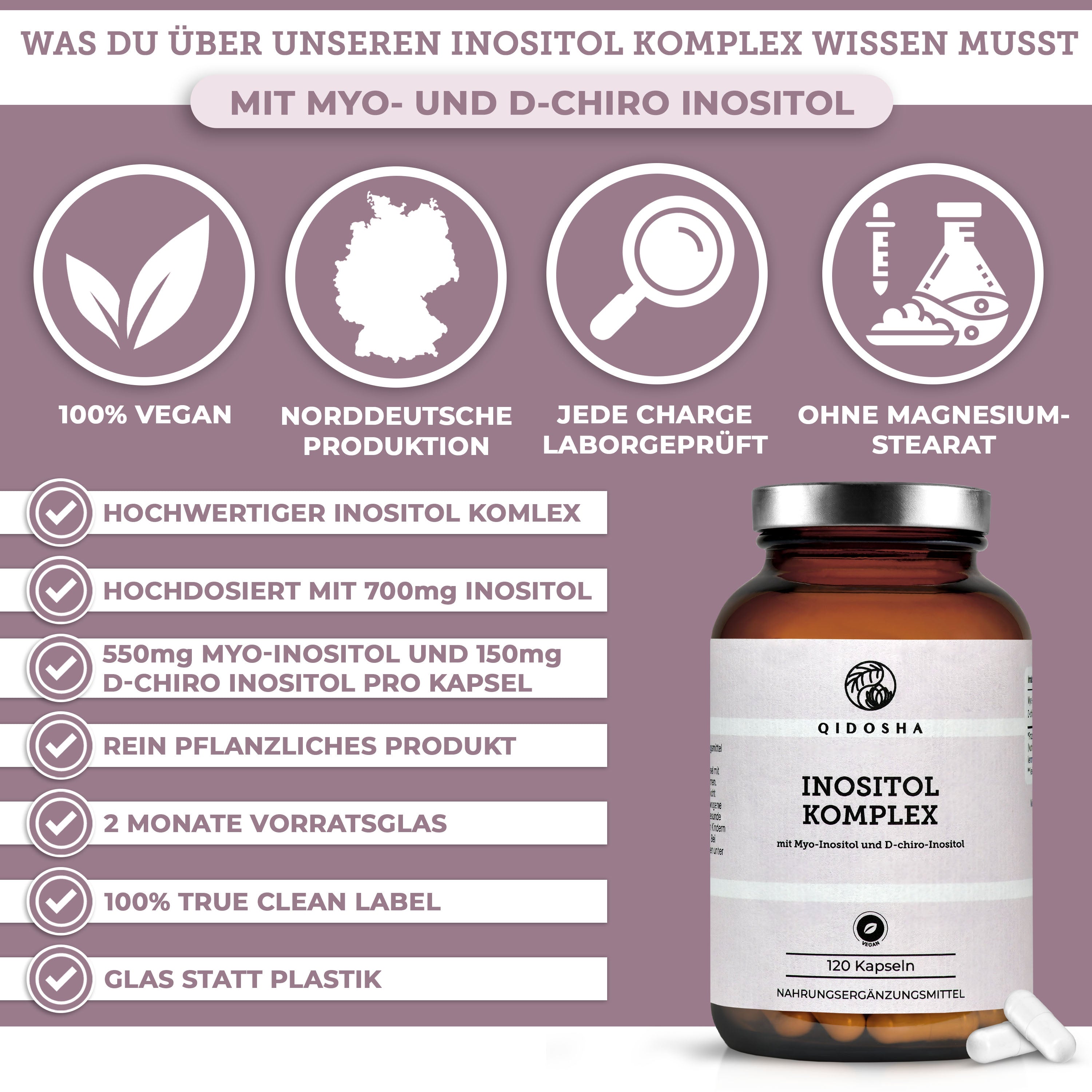 Inositol Komplex von QIDOSHA: Hochdosiertes, 100% veganes Nahrungsergänzungsmittel mit Myo-Inositol und D-chiro-Inositol, in laborgeprüfter Qualität, im Glas mit 120 Kapseln.