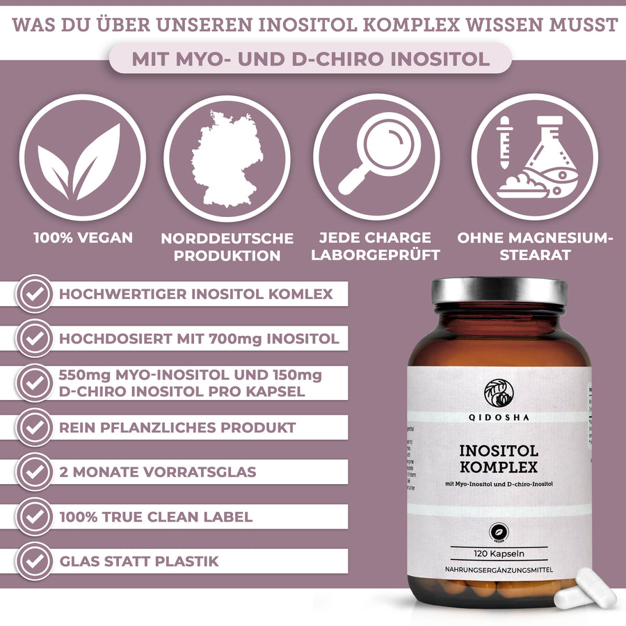 Inositol Komplex von QIDOSHA: Hochdosiertes, 100% veganes Nahrungsergänzungsmittel mit Myo-Inositol und D-chiro-Inositol, in laborgeprüfter Qualität, im Glas mit 120 Kapseln.