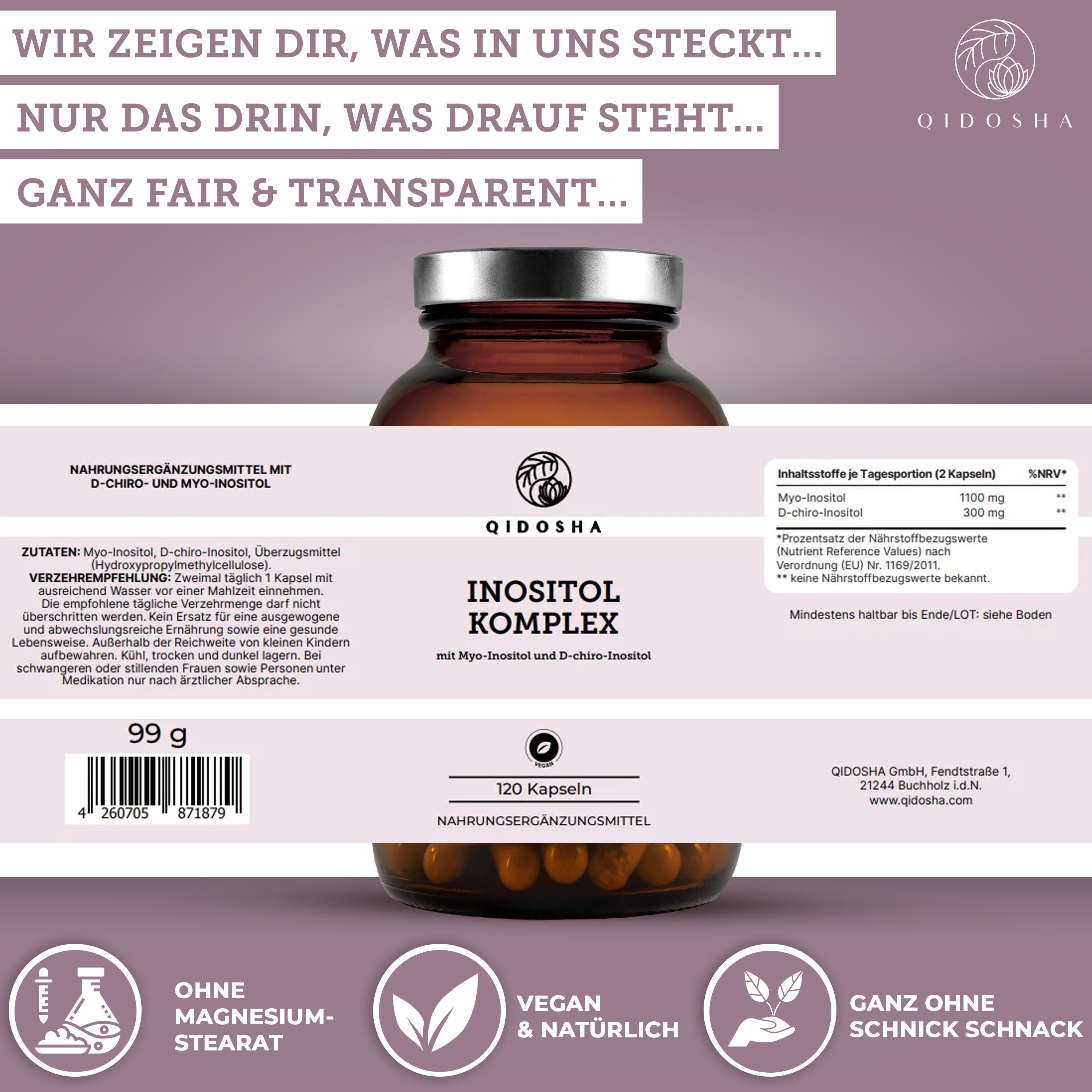 QIDOSHA Inositol Komplex: Premium D-chiro-Inositol & Myo-Inositol, 120 vegane Kapseln in braunem Glas, laborgeprüfte Qualität, ohne Füllstoffe, 60-Tage-Vorrat.