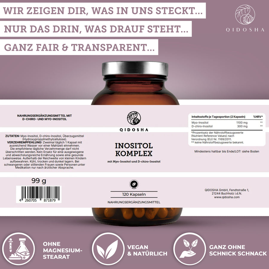 QIDOSHA Inositol Komplex: Premium D-chiro-Inositol & Myo-Inositol, 120 vegane Kapseln in braunem Glas, laborgeprüfte Qualität, ohne Füllstoffe, 60-Tage-Vorrat.